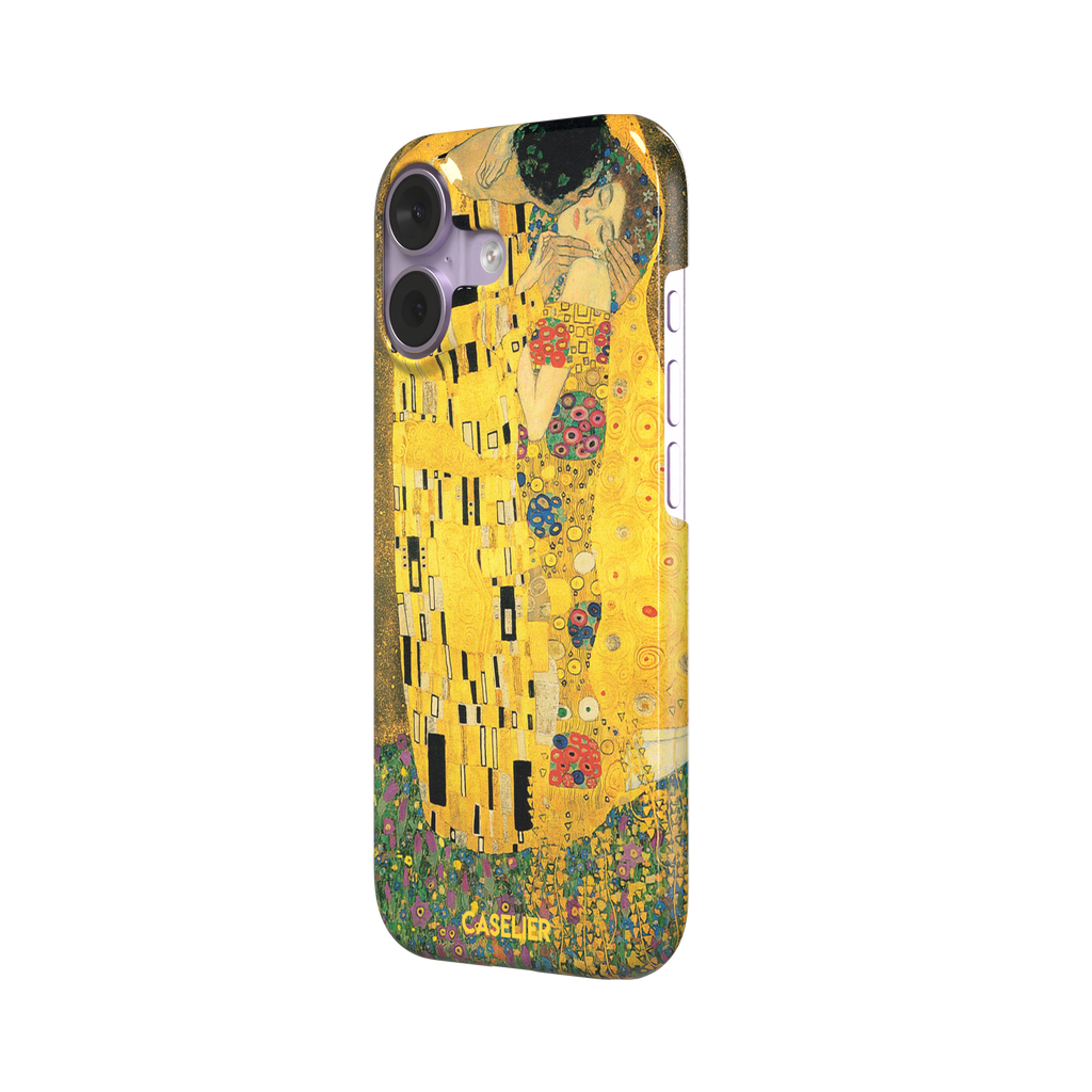 The Kiss by Gustav Klimt, showing the golden-robed embracing couple with floral and geometric Art Nouveau detail, phone case by Caselier — snap case, right view