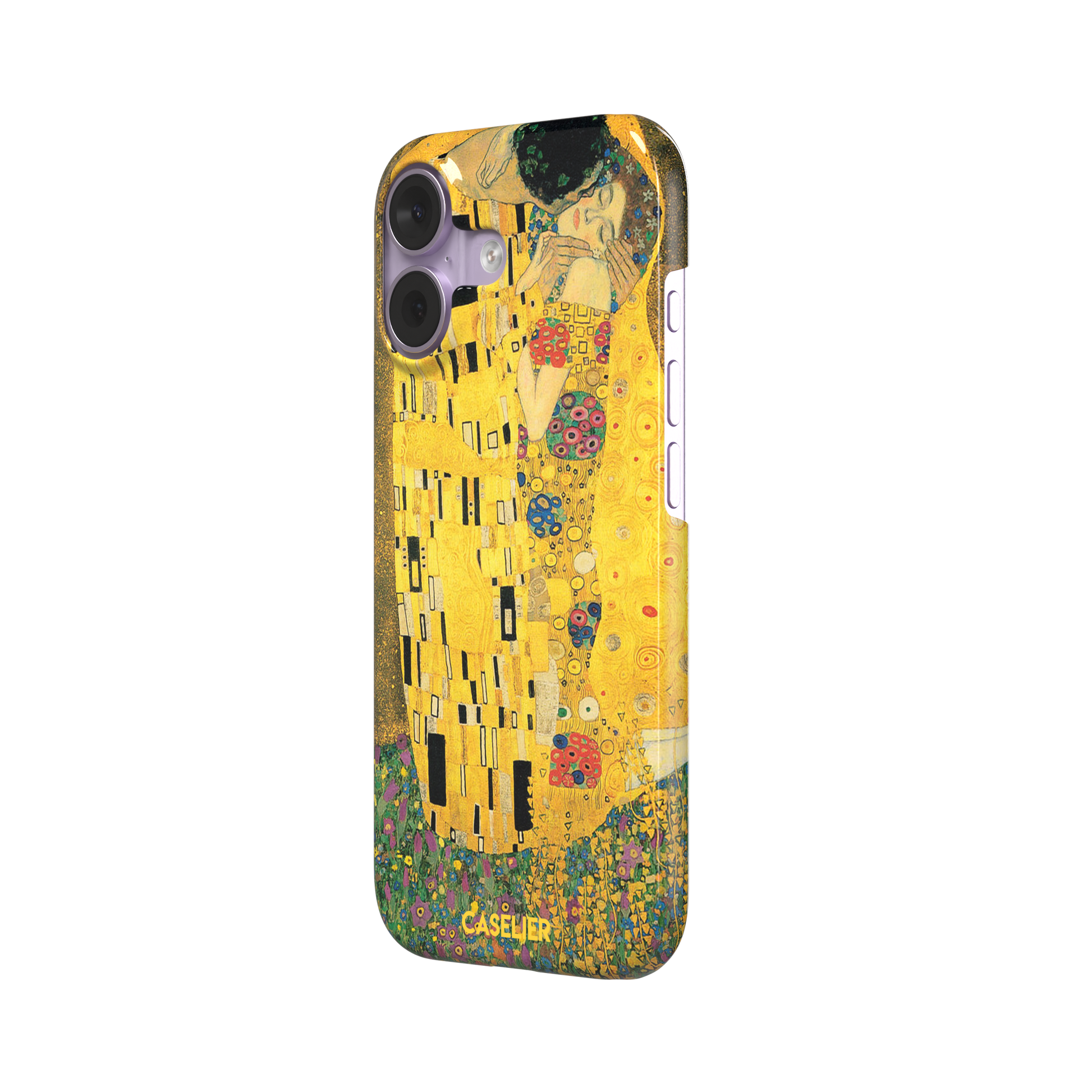 The Kiss by Gustav Klimt, showing the golden-robed embracing couple with floral and geometric Art Nouveau detail, phone case by Caselier — snap case, right view