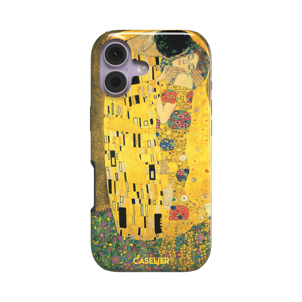 The Kiss by Gustav Klimt, showing the golden-robed embracing couple with floral and geometric Art Nouveau detail, phone case by Caselier — tough case, front view