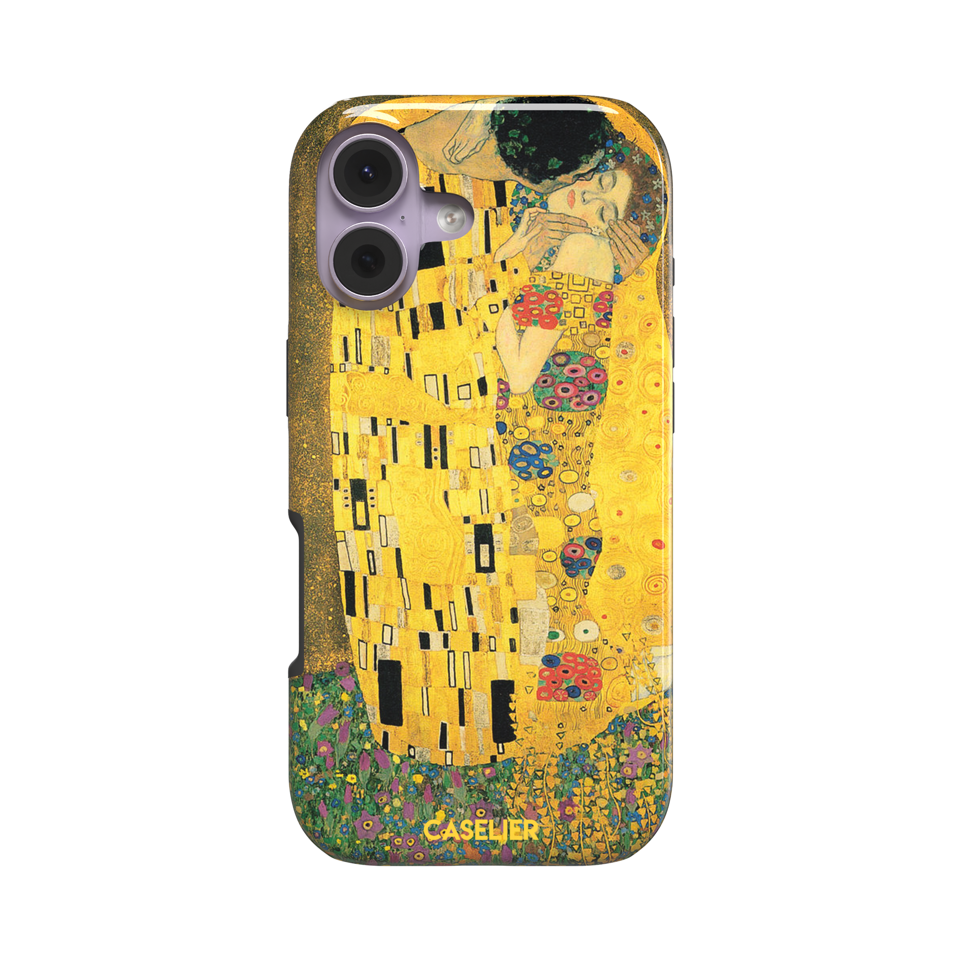 The Kiss by Gustav Klimt, showing the golden-robed embracing couple with floral and geometric Art Nouveau detail, phone case by Caselier — tough case, front view