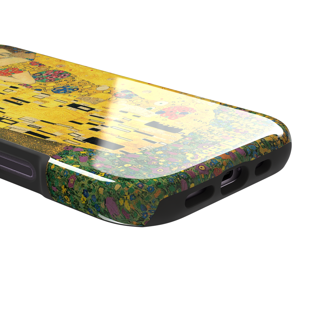 The Kiss by Gustav Klimt, showing the golden-robed embracing couple with floral and geometric Art Nouveau detail, phone case by Caselier — tough case, charging port detail