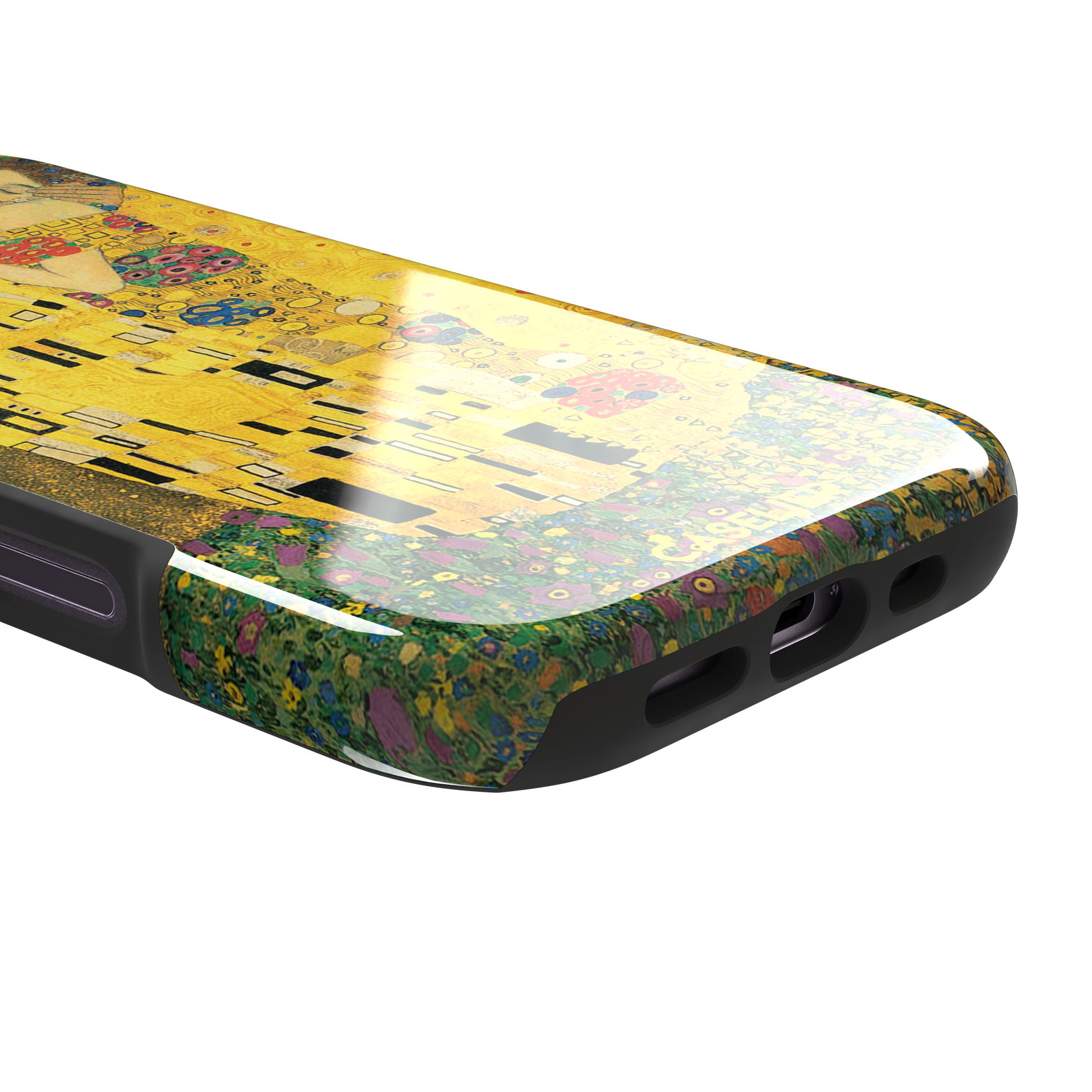 The Kiss by Gustav Klimt, showing the golden-robed embracing couple with floral and geometric Art Nouveau detail, phone case by Caselier — tough case, charging port detail