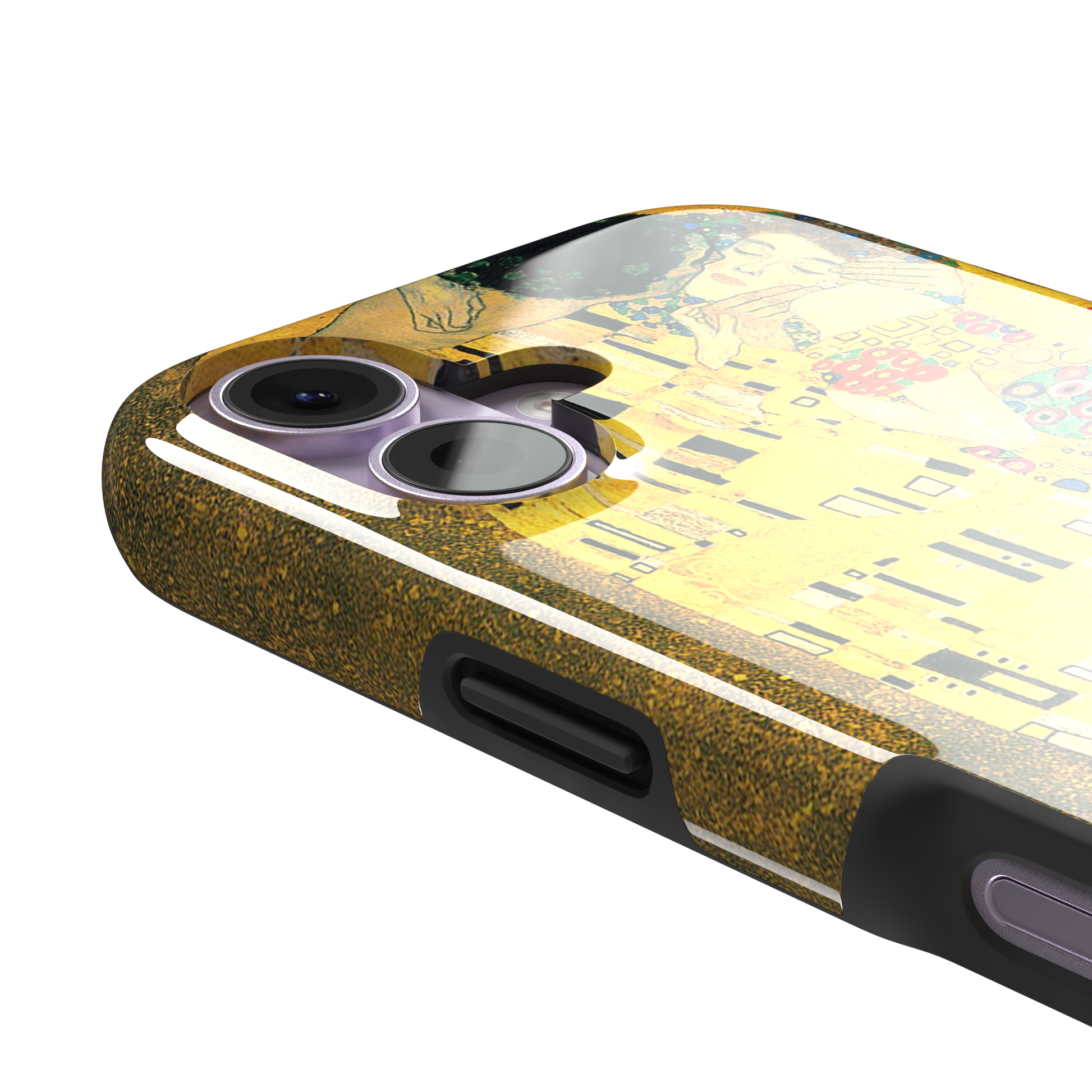 The Kiss by Gustav Klimt, showing the golden-robed embracing couple with floral and geometric Art Nouveau detail, phone case by Caselier — tough case, volume buttons detail