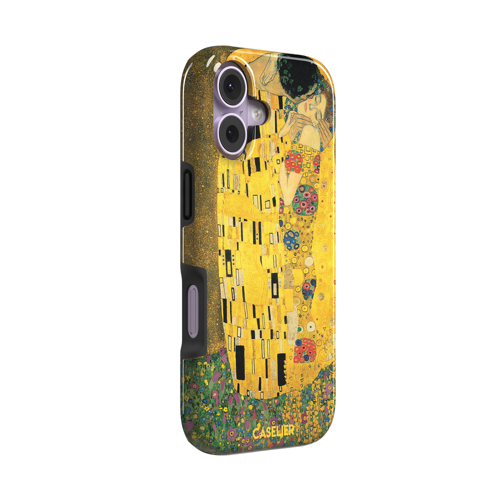 The Kiss by Gustav Klimt, showing the golden-robed embracing couple with floral and geometric Art Nouveau detail, phone case by Caselier — tough case, left view