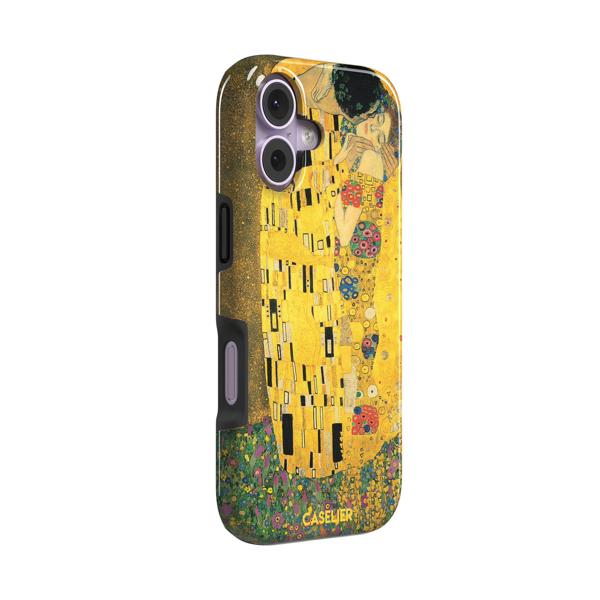 The Kiss by Gustav Klimt, showing the golden-robed embracing couple with floral and geometric Art Nouveau detail, phone case by Caselier — tough case, left view