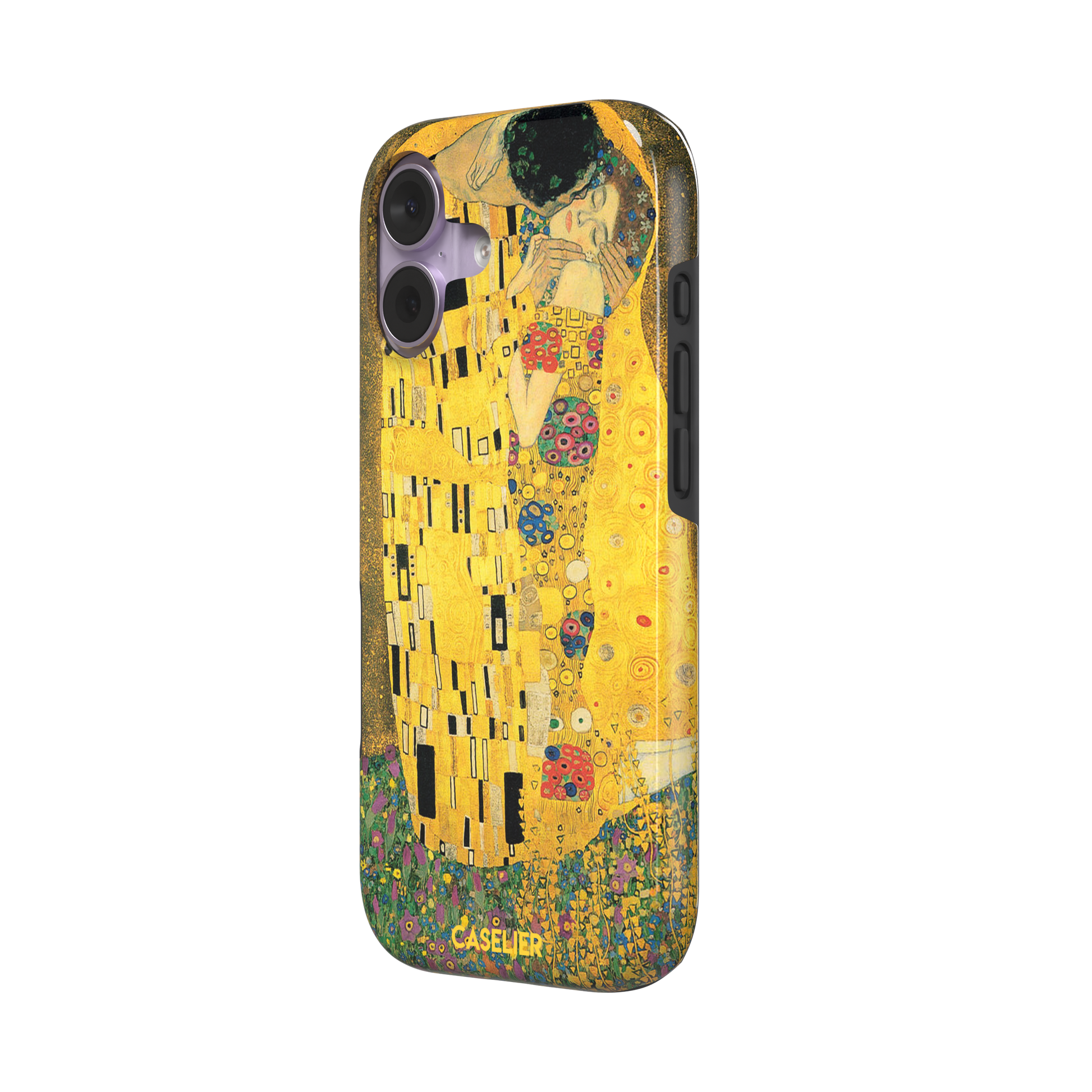 The Kiss by Gustav Klimt, showing the golden-robed embracing couple with floral and geometric Art Nouveau detail, phone case by Caselier — tough case, right view
