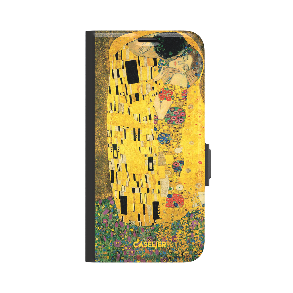 The Kiss by Gustav Klimt, showing the golden-robed embracing couple with floral and geometric Art Nouveau detail, phone case by Caselier — wallet case, front view