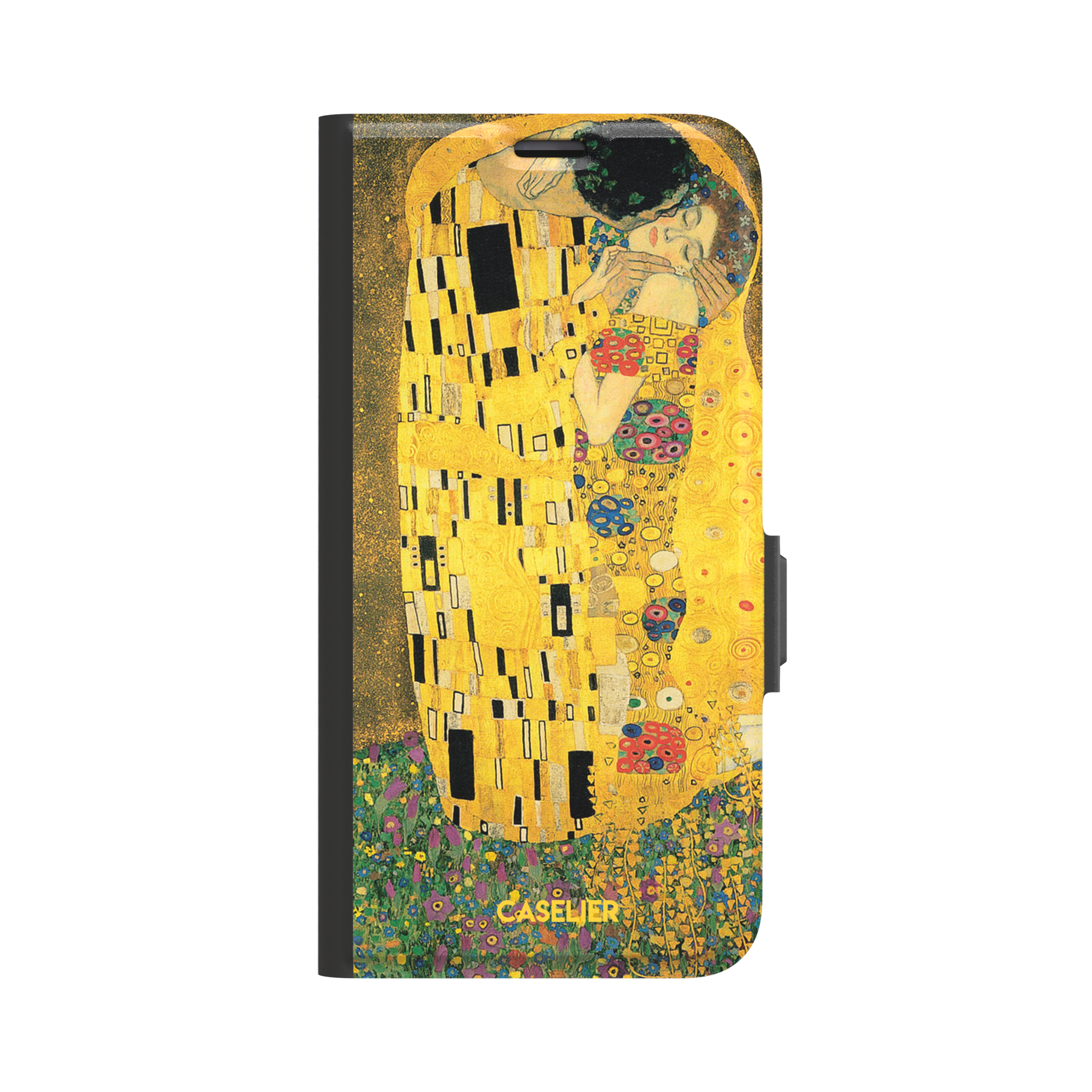 The Kiss by Gustav Klimt, showing the golden-robed embracing couple with floral and geometric Art Nouveau detail, phone case by Caselier — wallet case, front view