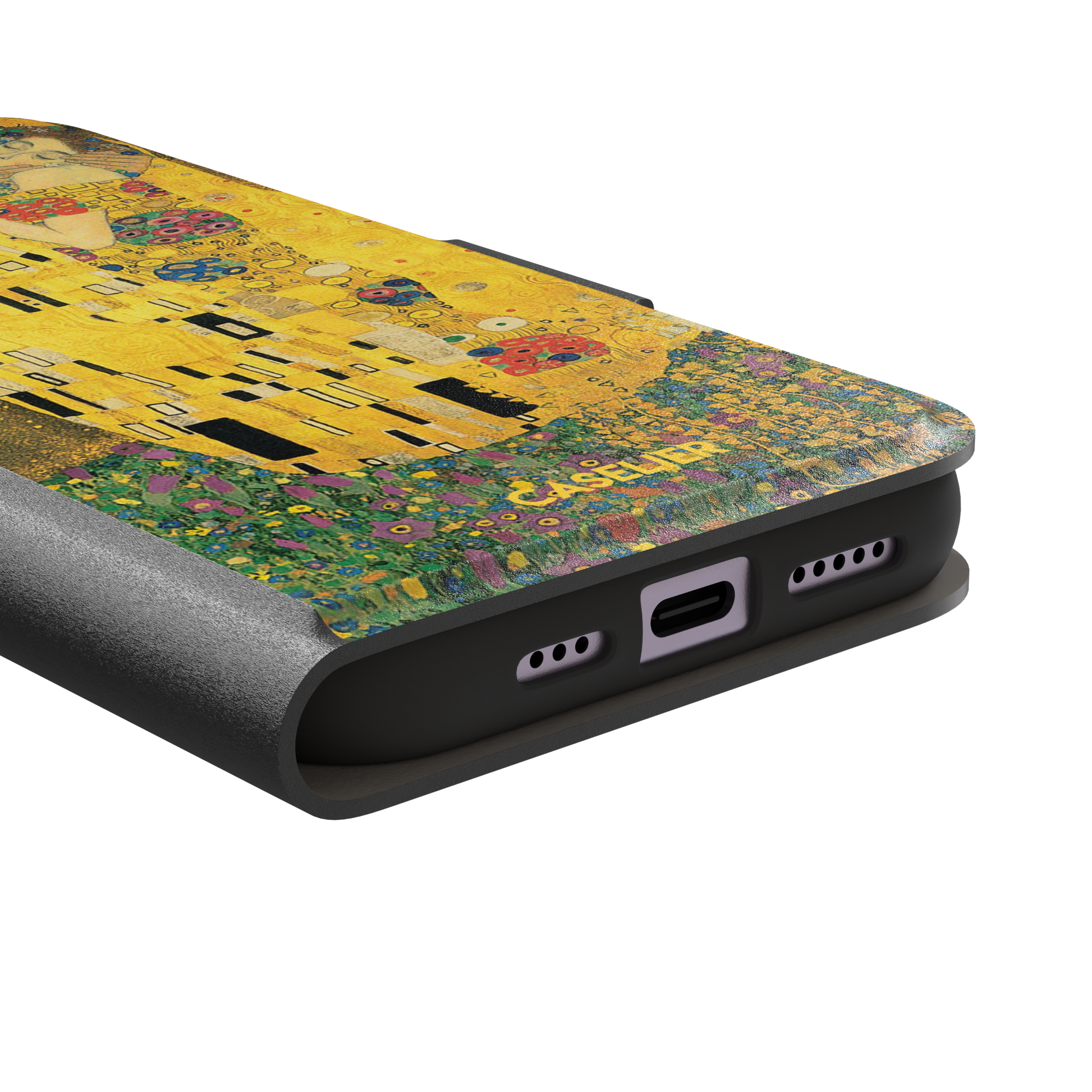 The Kiss by Gustav Klimt, showing the golden-robed embracing couple with floral and geometric Art Nouveau detail, phone case by Caselier — wallet case, charging port detail