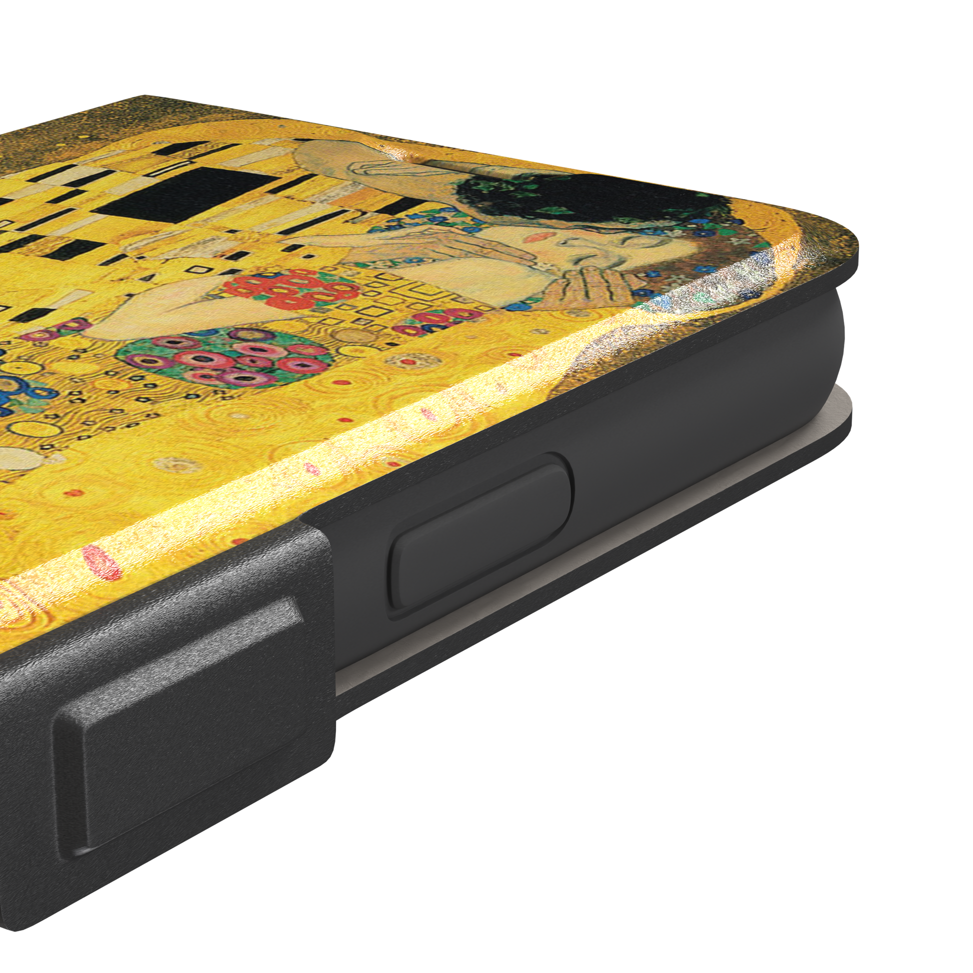 The Kiss by Gustav Klimt, showing the golden-robed embracing couple with floral and geometric Art Nouveau detail, phone case by Caselier — wallet case, volume buttons detail