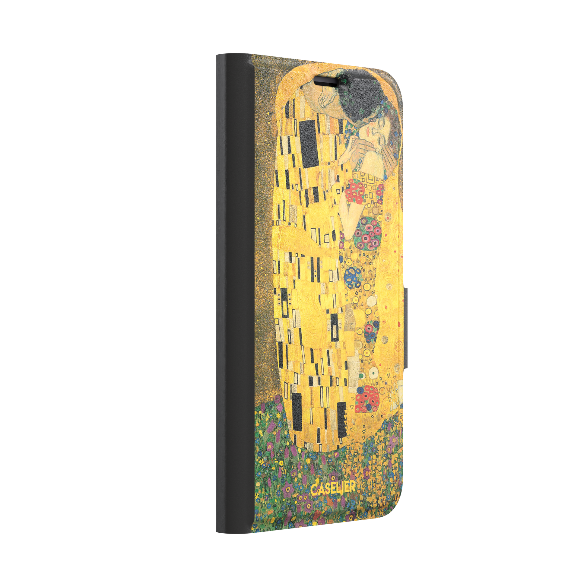 The Kiss by Gustav Klimt, showing the golden-robed embracing couple with floral and geometric Art Nouveau detail, phone case by Caselier — wallet case, left view