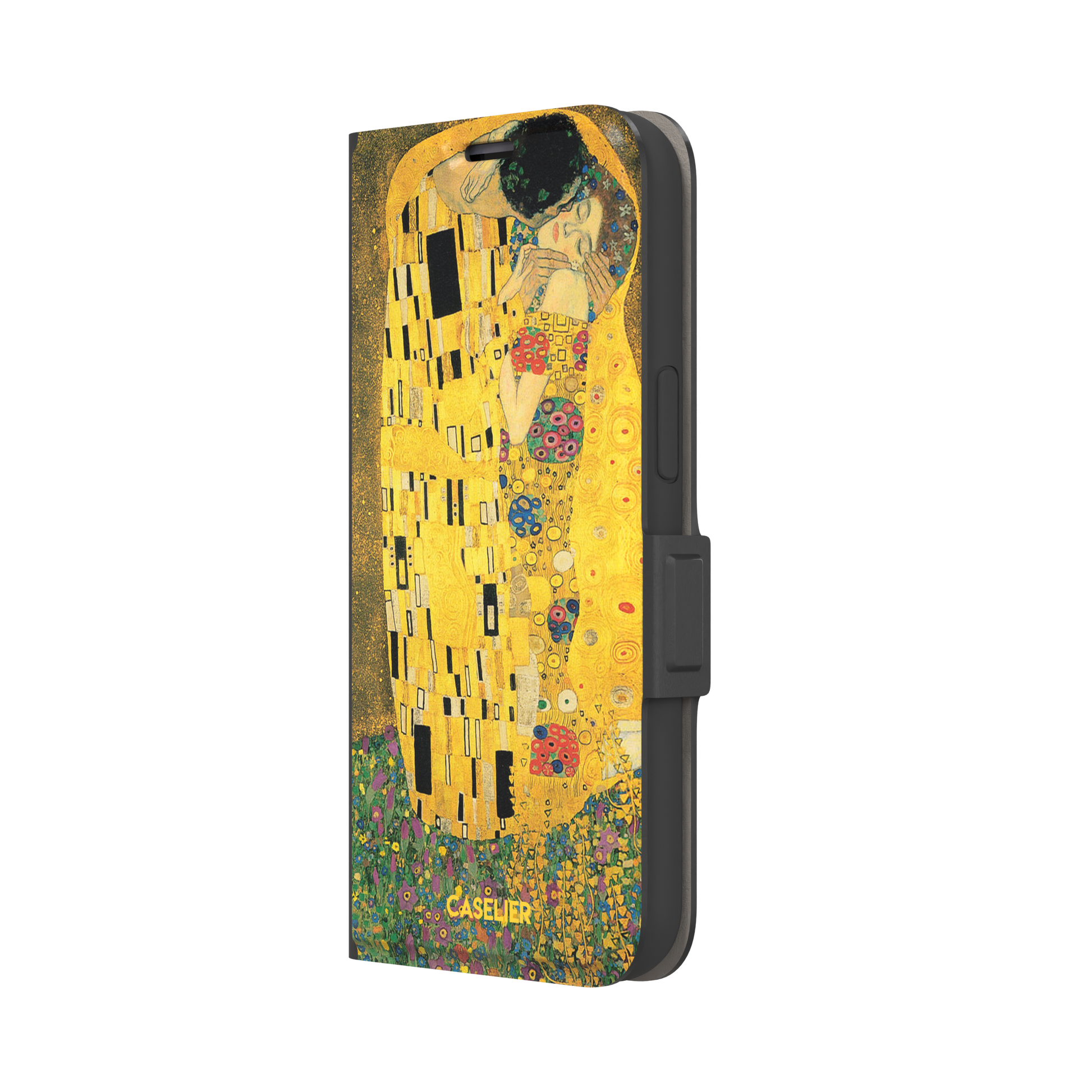 The Kiss by Gustav Klimt, showing the golden-robed embracing couple with floral and geometric Art Nouveau detail, phone case by Caselier — wallet case, right view
