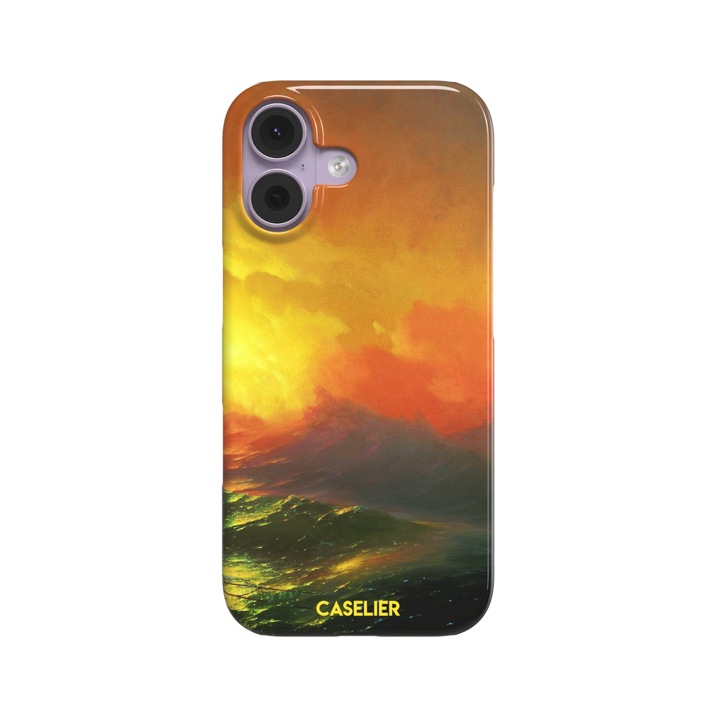 The Ninth Wave by Ivan Aivazovsky phone case featuring a fiery amber and orange storm sky above dark churning teal waves, painted in expressive Romantic brushwork — snap case, front view