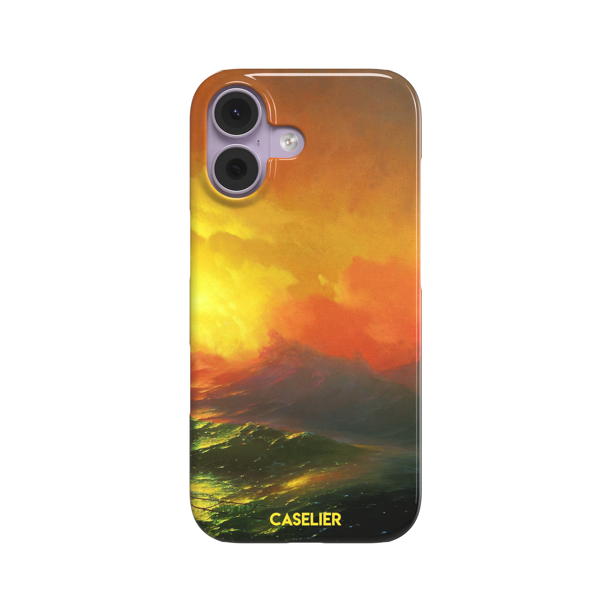 The Ninth Wave by Ivan Aivazovsky phone case featuring a fiery amber and orange storm sky above dark churning teal waves, painted in expressive Romantic brushwork — snap case, front view