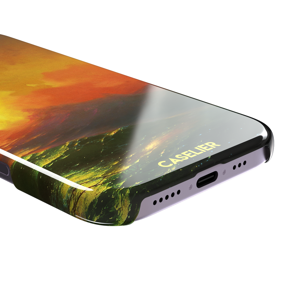 The Ninth Wave by Ivan Aivazovsky phone case featuring a fiery amber and orange storm sky above dark churning teal waves, painted in expressive Romantic brushwork — snap case, charging port detail
