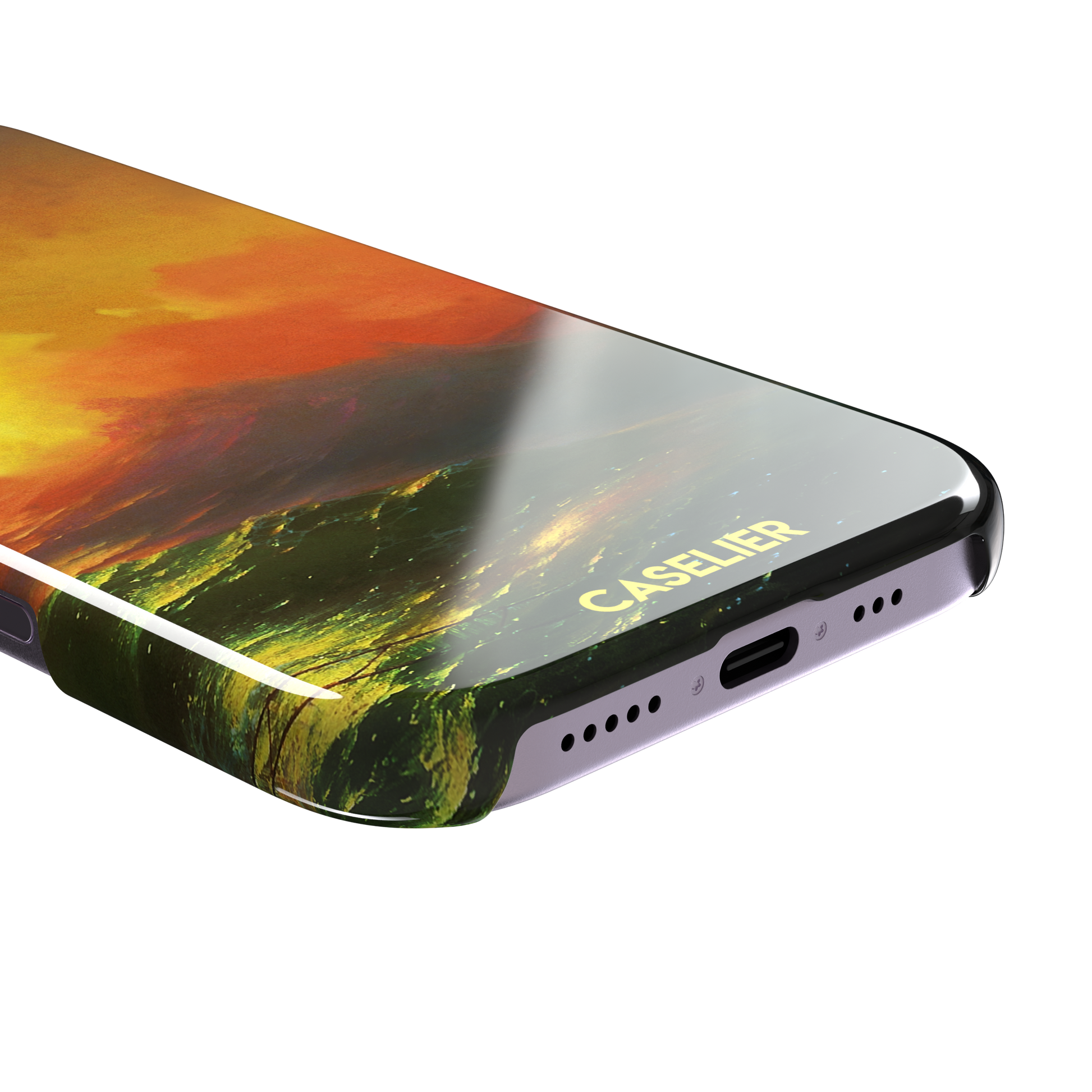 The Ninth Wave by Ivan Aivazovsky phone case featuring a fiery amber and orange storm sky above dark churning teal waves, painted in expressive Romantic brushwork — snap case, charging port detail
