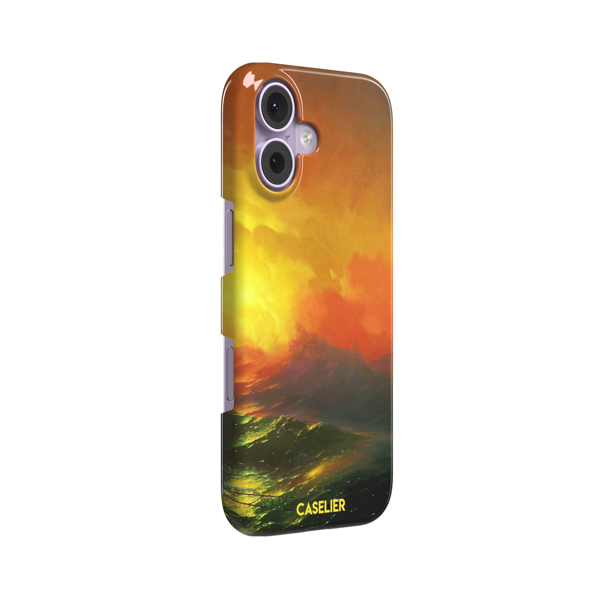 The Ninth Wave by Ivan Aivazovsky phone case featuring a fiery amber and orange storm sky above dark churning teal waves, painted in expressive Romantic brushwork — snap case, left view