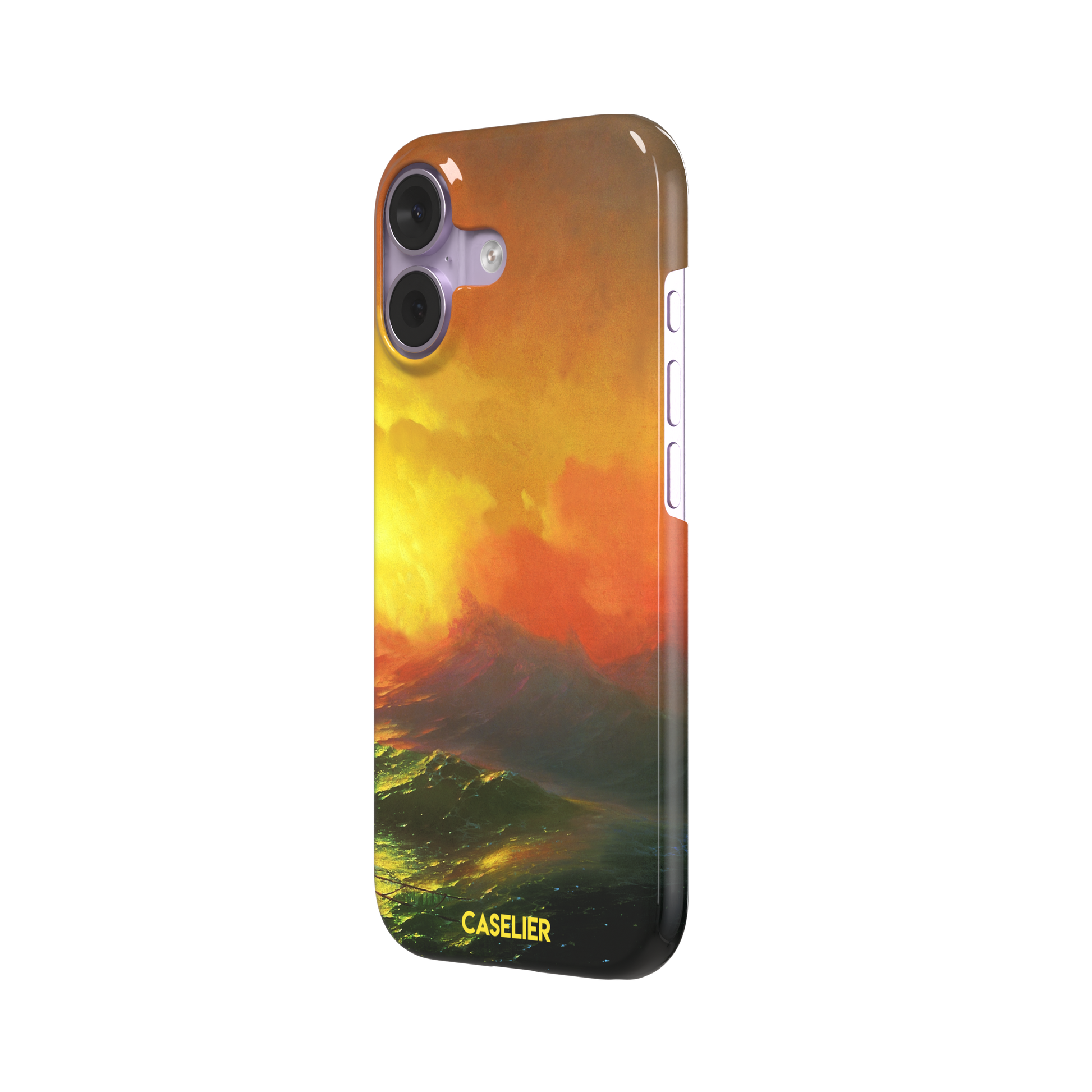 The Ninth Wave by Ivan Aivazovsky phone case featuring a fiery amber and orange storm sky above dark churning teal waves, painted in expressive Romantic brushwork — snap case, right view