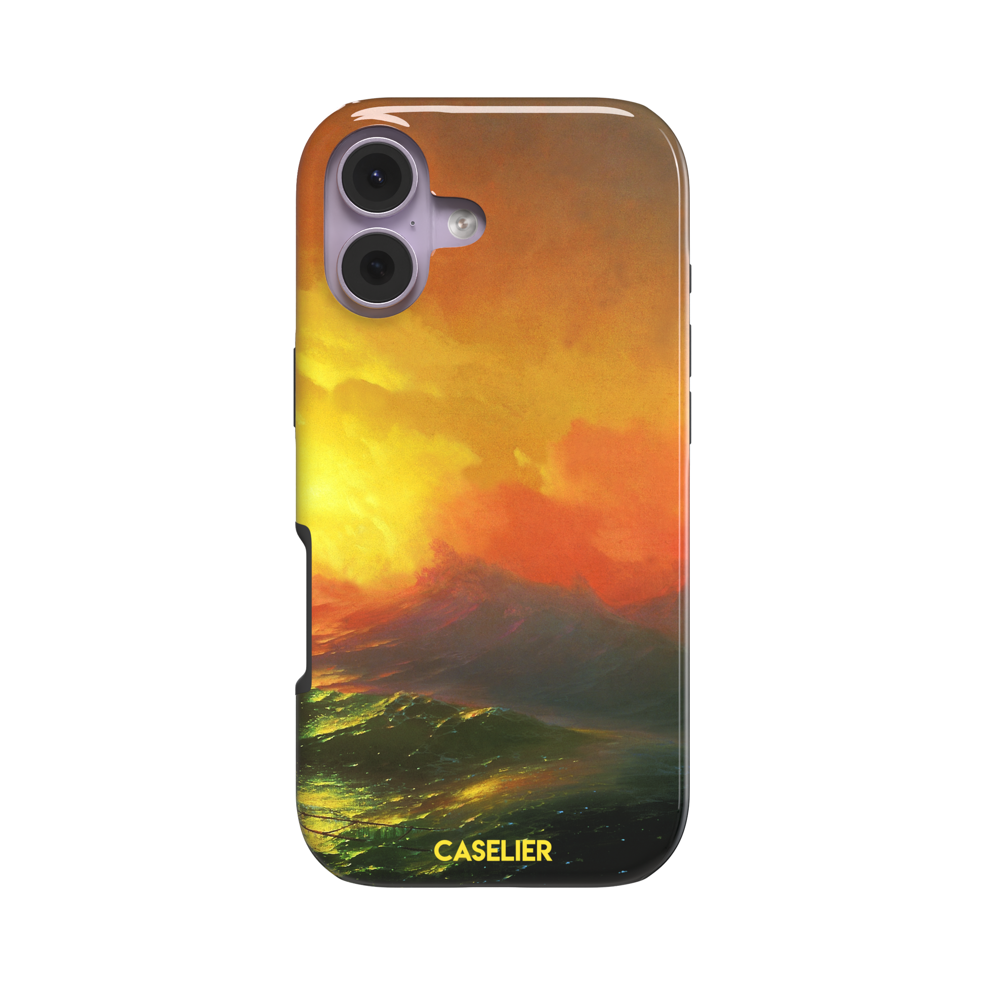 The Ninth Wave by Ivan Aivazovsky phone case featuring a fiery amber and orange storm sky above dark churning teal waves, painted in expressive Romantic brushwork — tough case, front view
