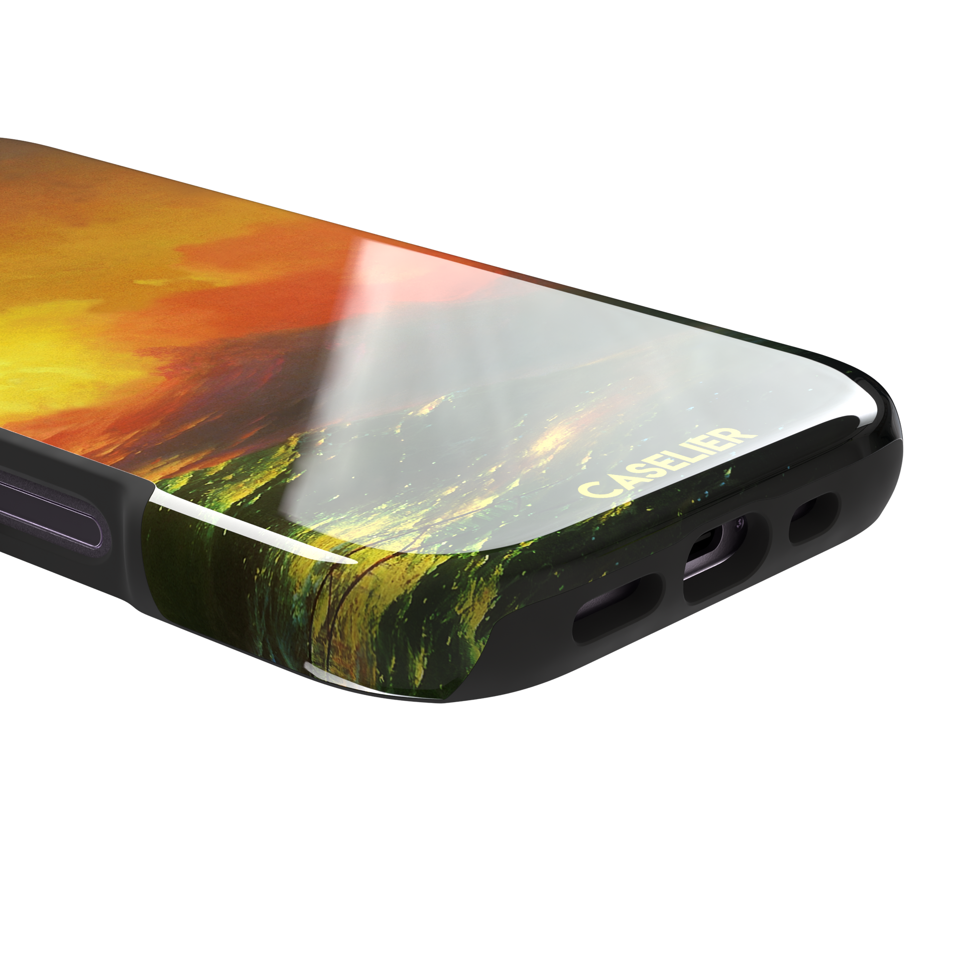 The Ninth Wave by Ivan Aivazovsky phone case featuring a fiery amber and orange storm sky above dark churning teal waves, painted in expressive Romantic brushwork — tough case, charging port detail