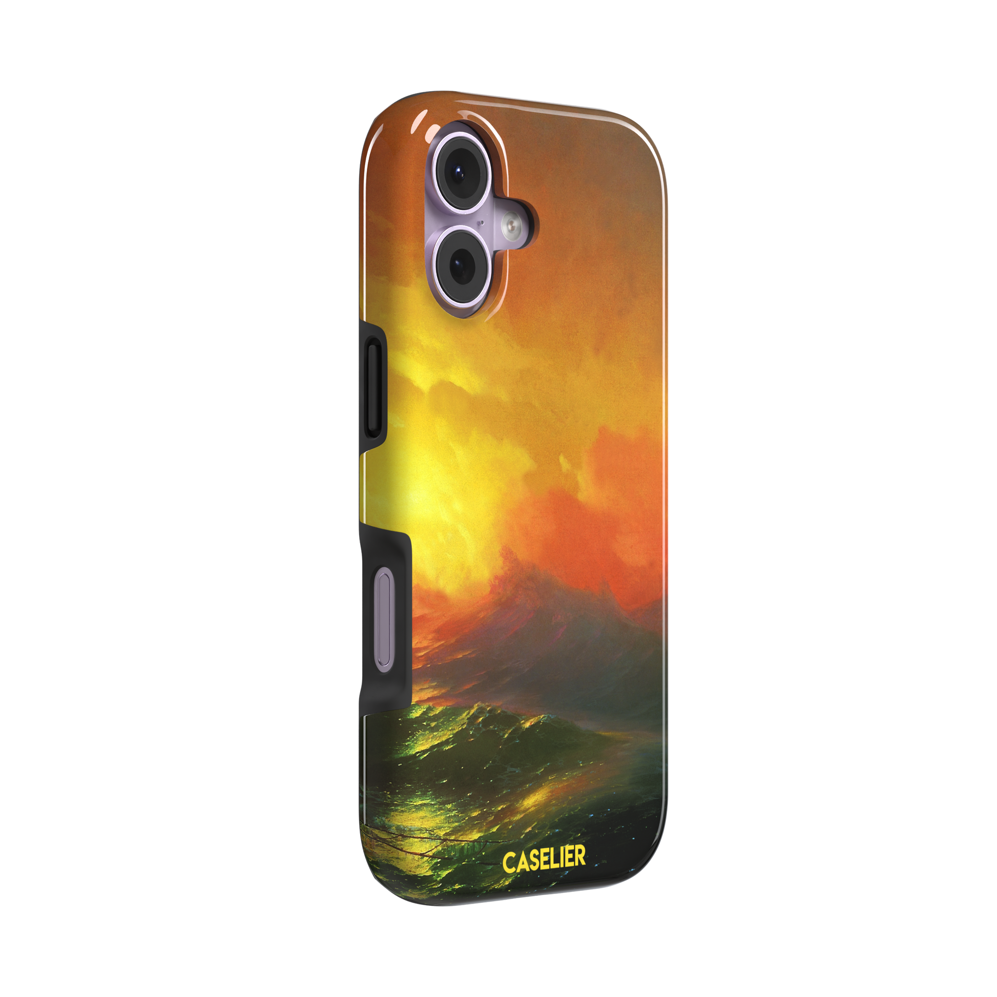 The Ninth Wave by Ivan Aivazovsky phone case featuring a fiery amber and orange storm sky above dark churning teal waves, painted in expressive Romantic brushwork — tough case, left view