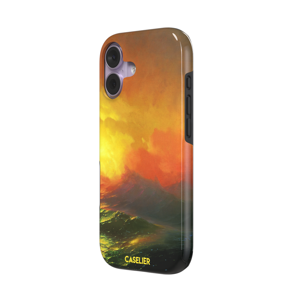 The Ninth Wave by Ivan Aivazovsky phone case featuring a fiery amber and orange storm sky above dark churning teal waves, painted in expressive Romantic brushwork — tough case, right view