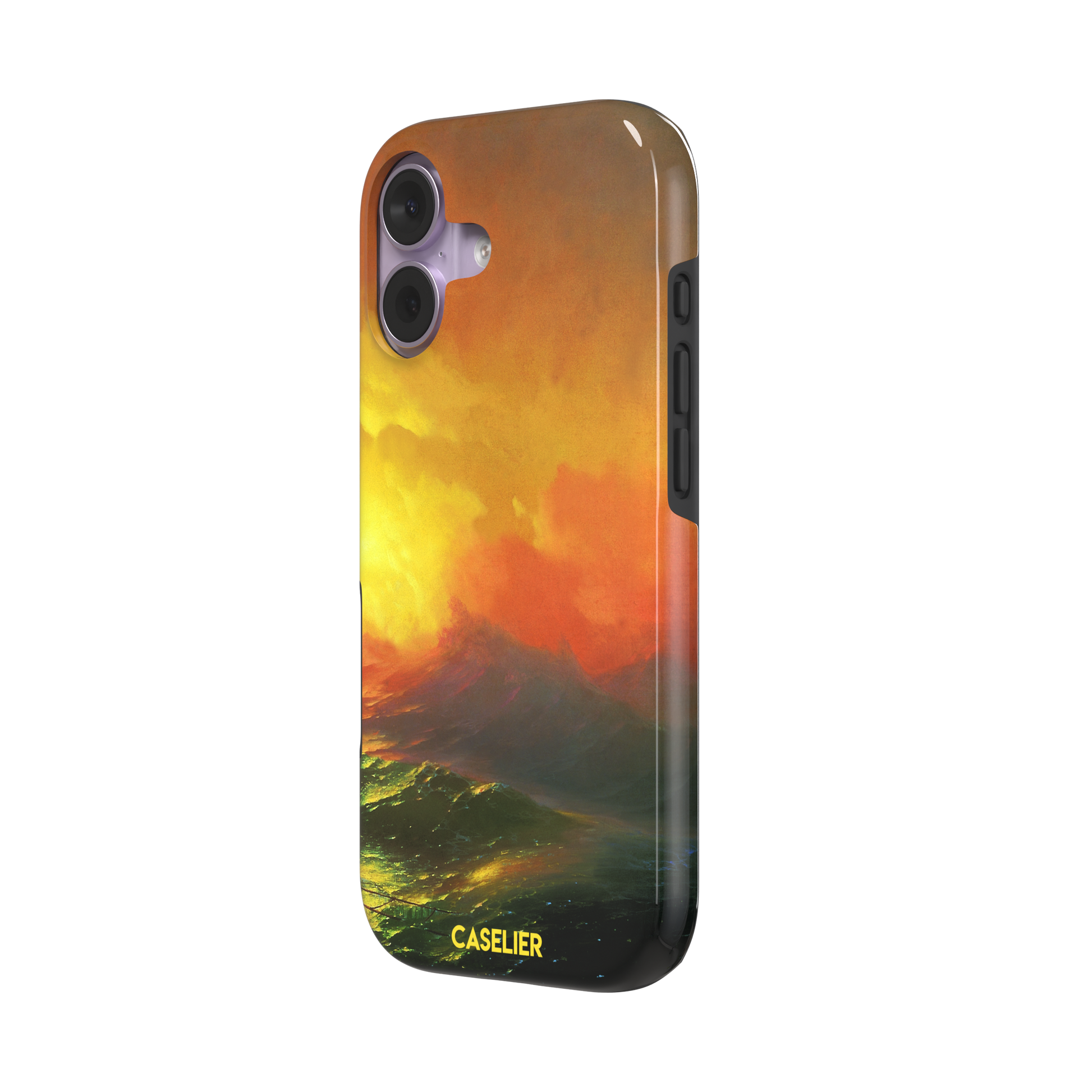 The Ninth Wave by Ivan Aivazovsky phone case featuring a fiery amber and orange storm sky above dark churning teal waves, painted in expressive Romantic brushwork — tough case, right view