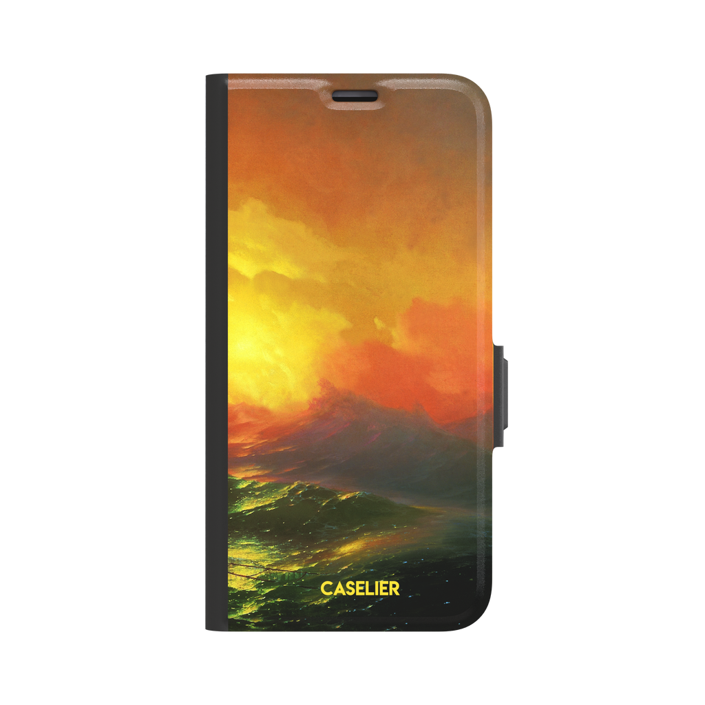 The Ninth Wave by Ivan Aivazovsky phone case featuring a fiery amber and orange storm sky above dark churning teal waves, painted in expressive Romantic brushwork — wallet case, front view