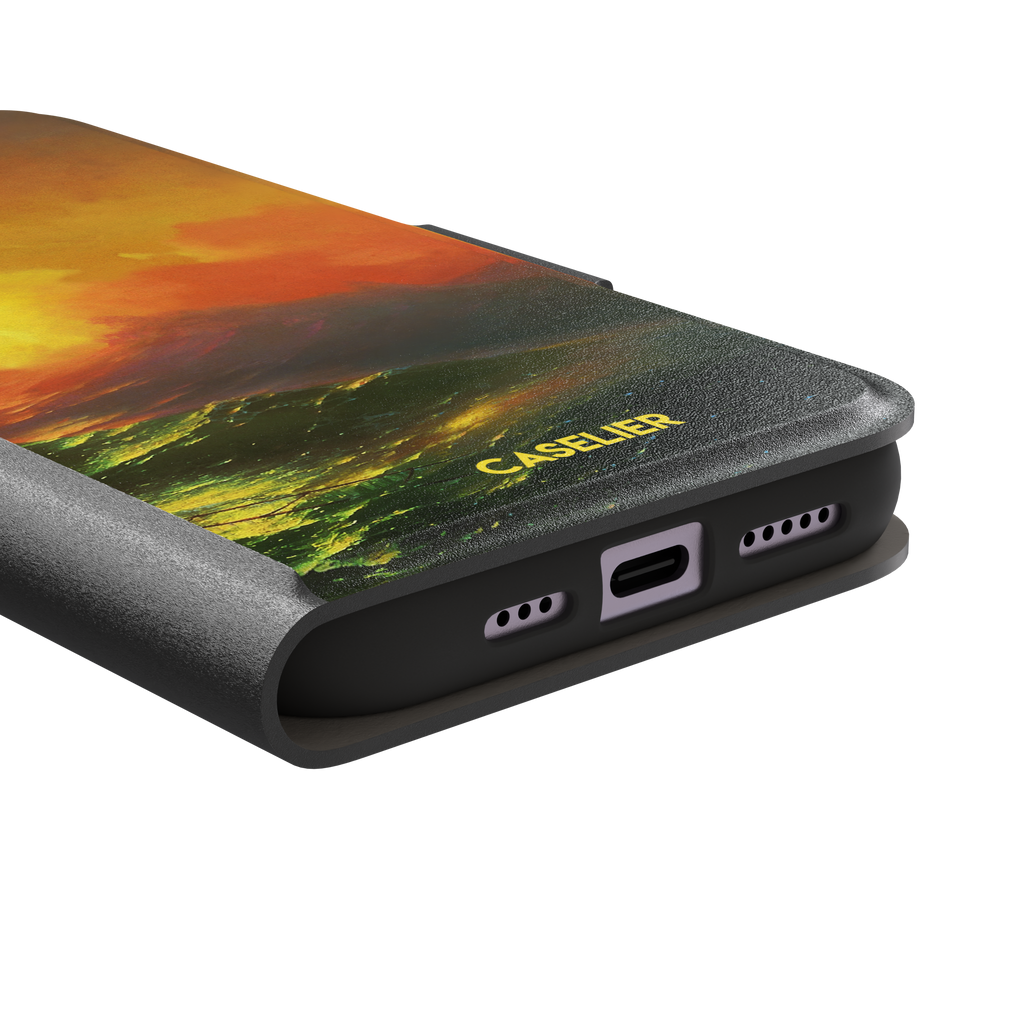 The Ninth Wave by Ivan Aivazovsky phone case featuring a fiery amber and orange storm sky above dark churning teal waves, painted in expressive Romantic brushwork — wallet case, charging port detail