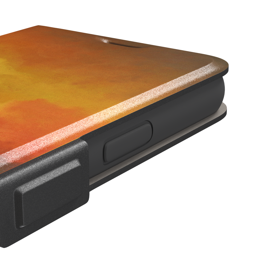 The Ninth Wave by Ivan Aivazovsky phone case featuring a fiery amber and orange storm sky above dark churning teal waves, painted in expressive Romantic brushwork — wallet case, volume buttons detail