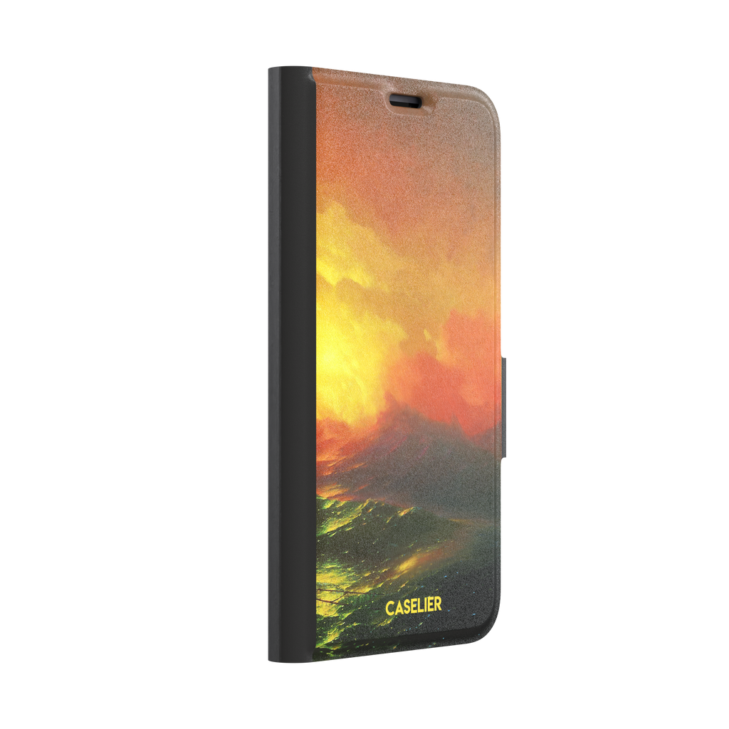 The Ninth Wave by Ivan Aivazovsky phone case featuring a fiery amber and orange storm sky above dark churning teal waves, painted in expressive Romantic brushwork — wallet case, left view