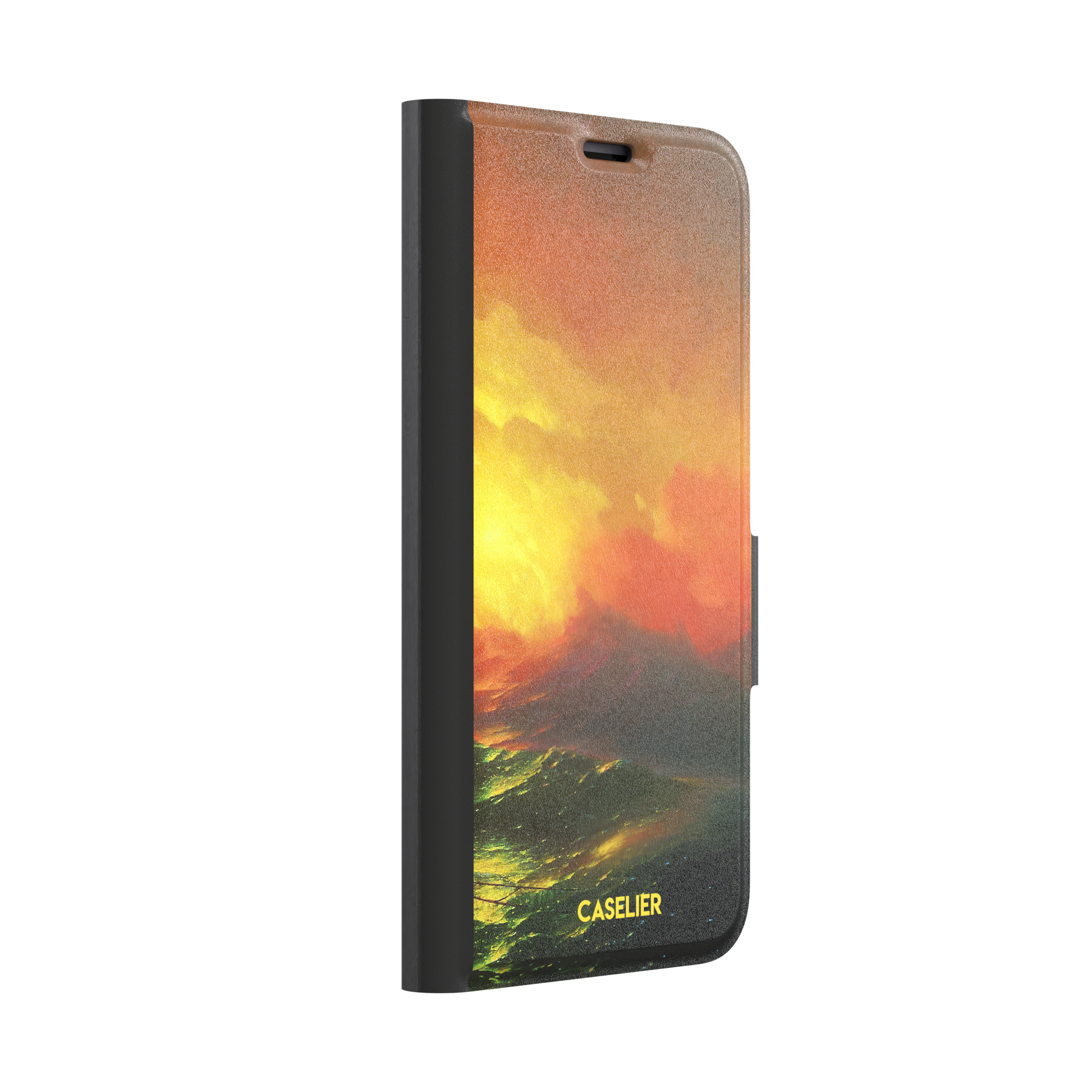The Ninth Wave by Ivan Aivazovsky phone case featuring a fiery amber and orange storm sky above dark churning teal waves, painted in expressive Romantic brushwork — wallet case, left view