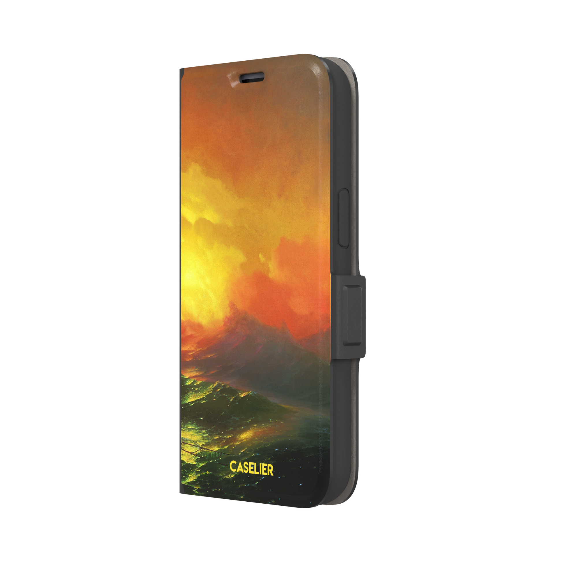 The Ninth Wave by Ivan Aivazovsky phone case featuring a fiery amber and orange storm sky above dark churning teal waves, painted in expressive Romantic brushwork — wallet case, right view