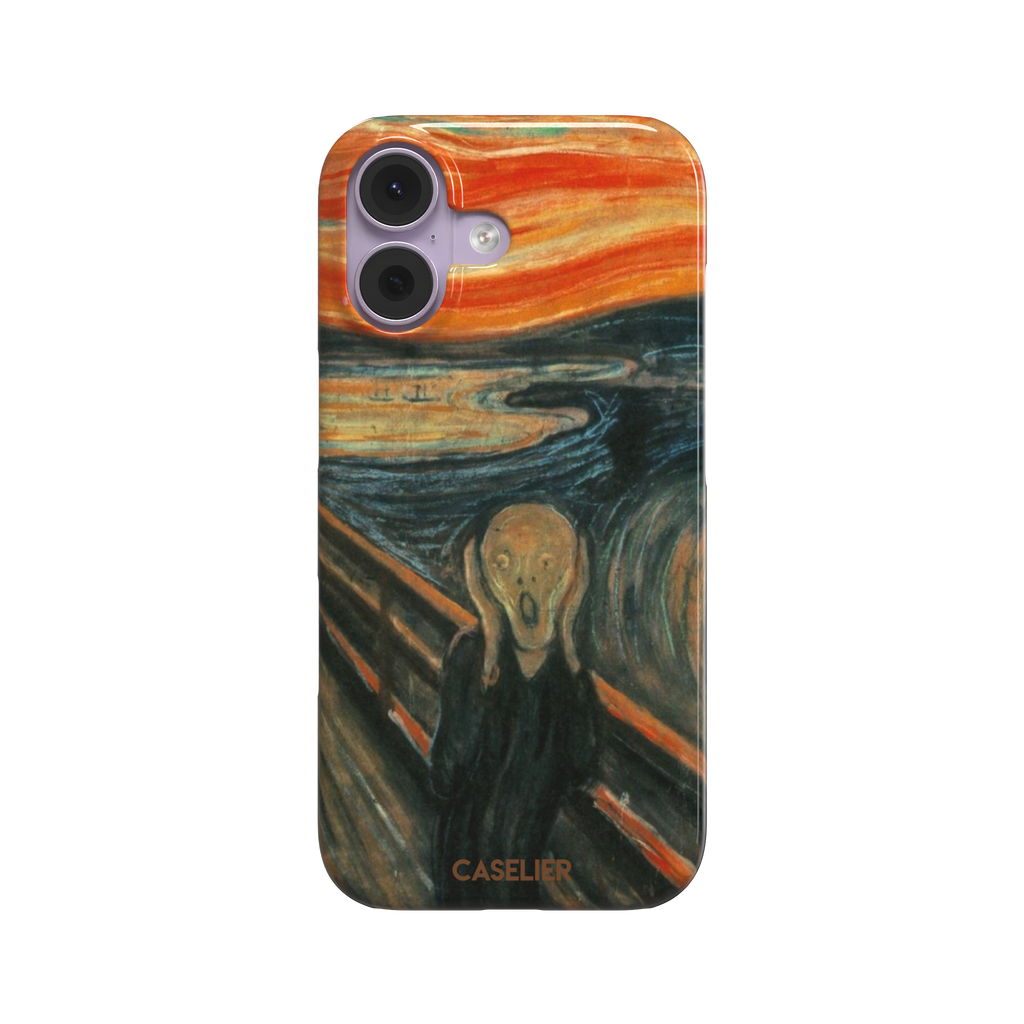 The Scream by Edvard Munch phone case showing the anguished figure on a bridge beneath a swirling orange and red sky, phone case by Caselier — snap case, front view