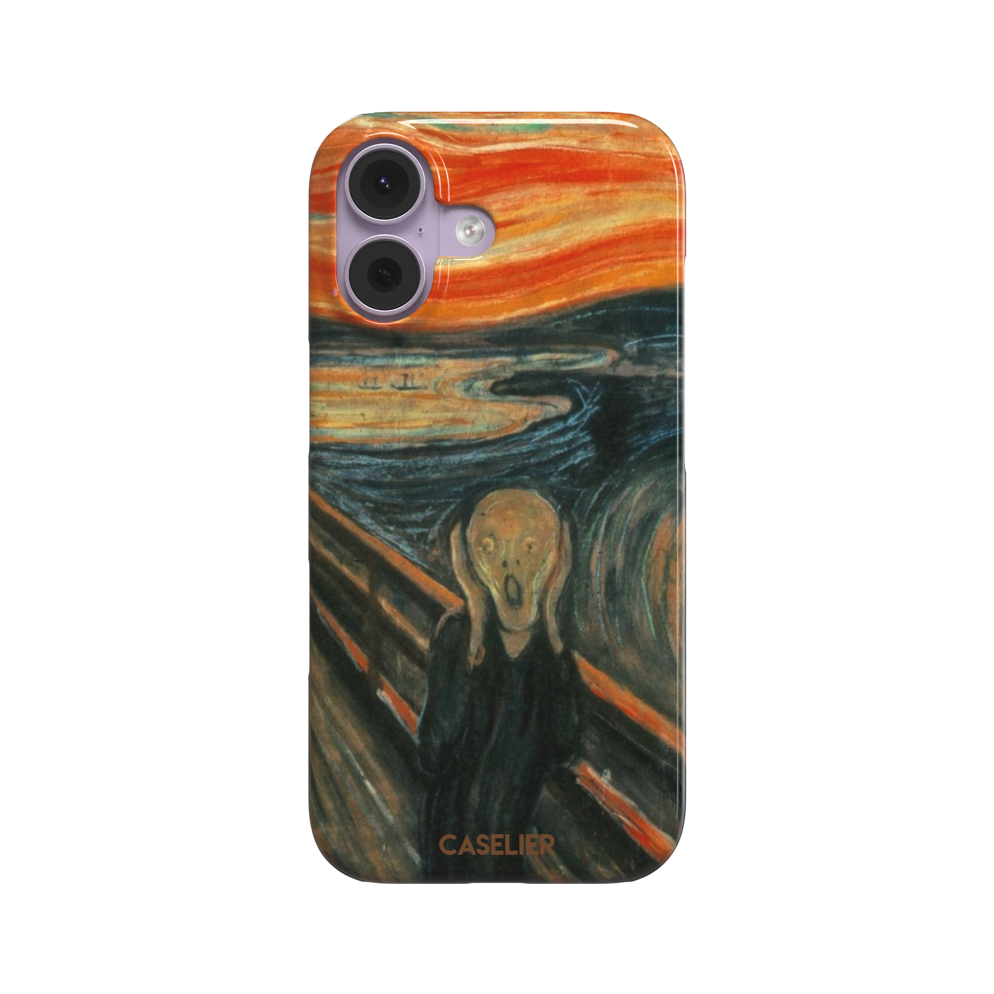 The Scream by Edvard Munch phone case showing the anguished figure on a bridge beneath a swirling orange and red sky, phone case by Caselier — snap case, front view