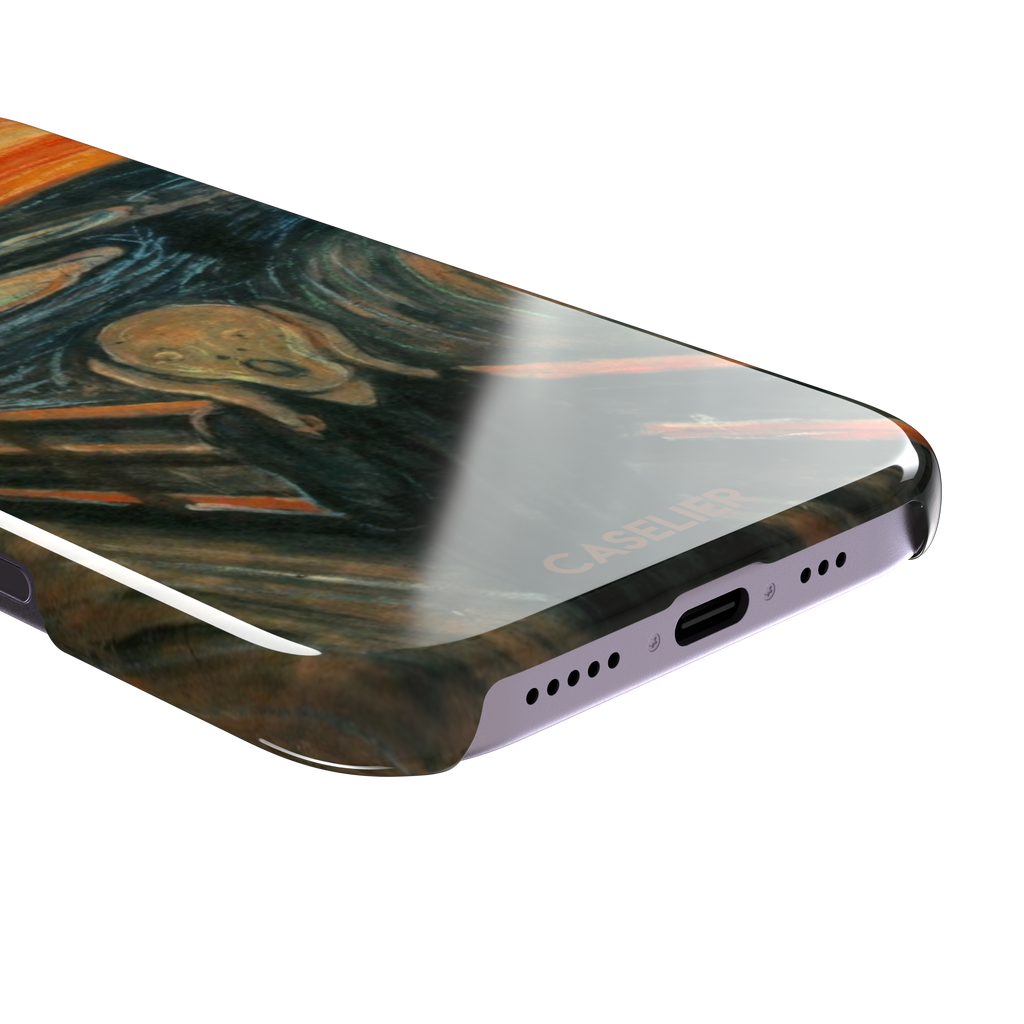 The Scream by Edvard Munch phone case showing the anguished figure on a bridge beneath a swirling orange and red sky, phone case by Caselier — snap case, charging port detail