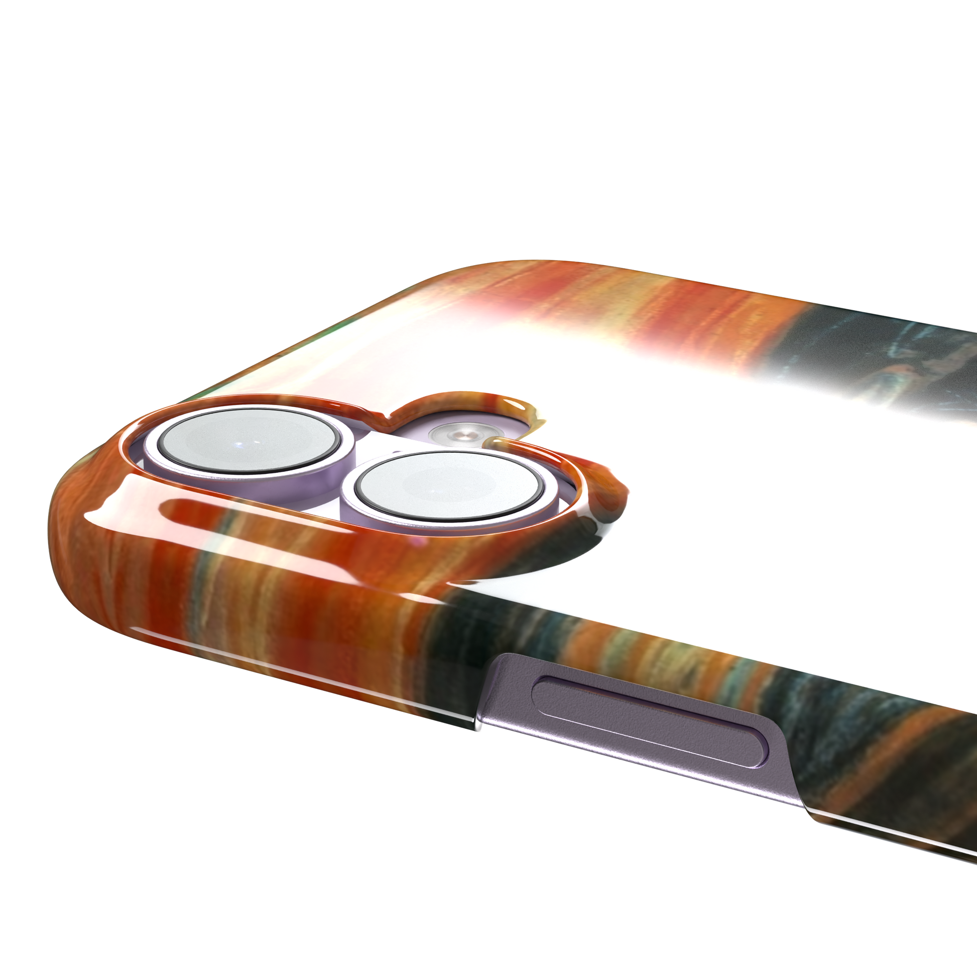 The Scream by Edvard Munch phone case showing the anguished figure on a bridge beneath a swirling orange and red sky, phone case by Caselier — snap case, volume buttons detail