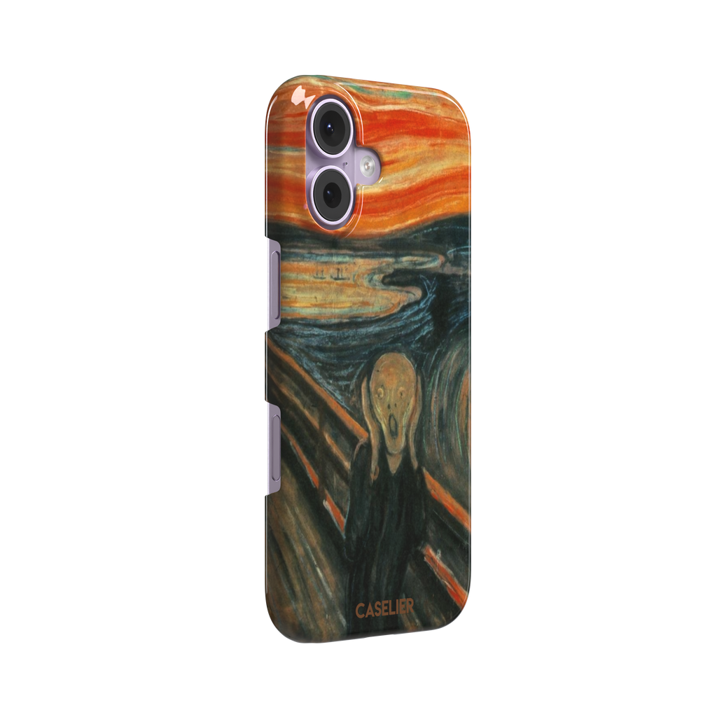 The Scream by Edvard Munch phone case showing the anguished figure on a bridge beneath a swirling orange and red sky, phone case by Caselier — snap case, left view