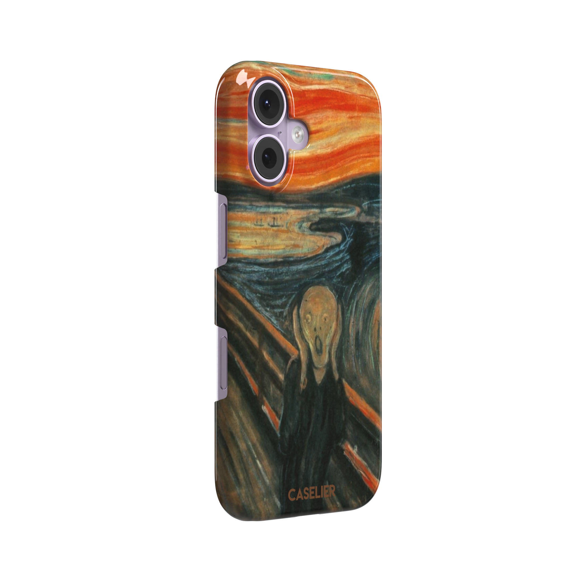 The Scream by Edvard Munch phone case showing the anguished figure on a bridge beneath a swirling orange and red sky, phone case by Caselier — snap case, left view