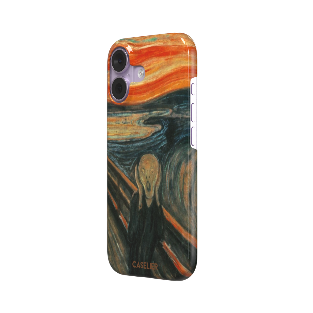 The Scream by Edvard Munch phone case showing the anguished figure on a bridge beneath a swirling orange and red sky, phone case by Caselier — snap case, right view
