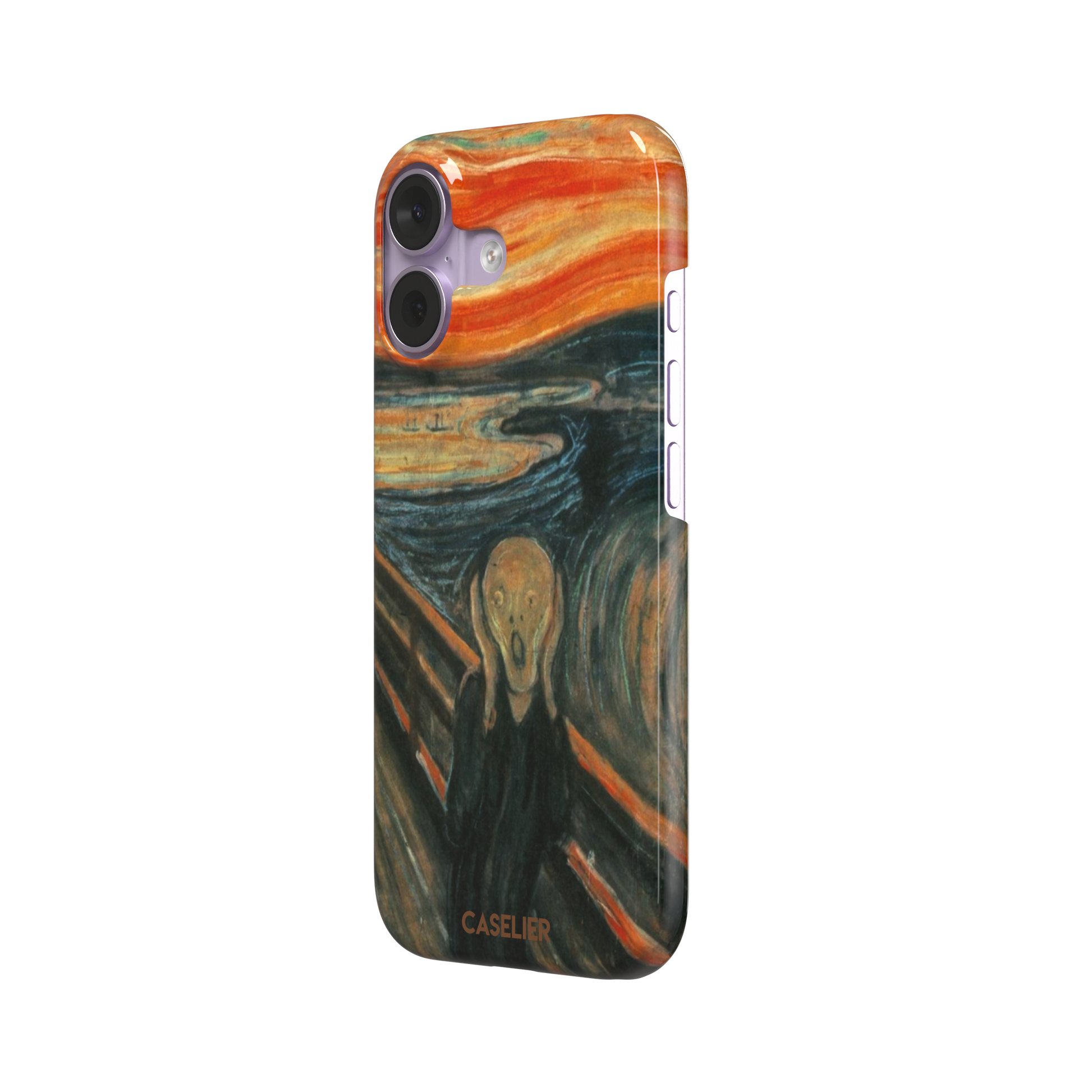 The Scream by Edvard Munch phone case showing the anguished figure on a bridge beneath a swirling orange and red sky, phone case by Caselier — snap case, right view