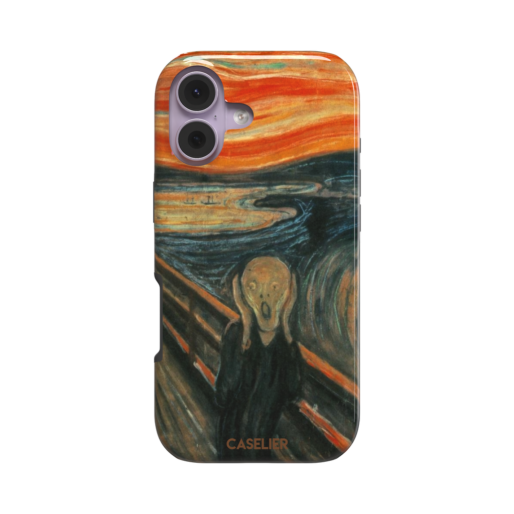 The Scream by Edvard Munch phone case showing the anguished figure on a bridge beneath a swirling orange and red sky, phone case by Caselier — tough case, front view