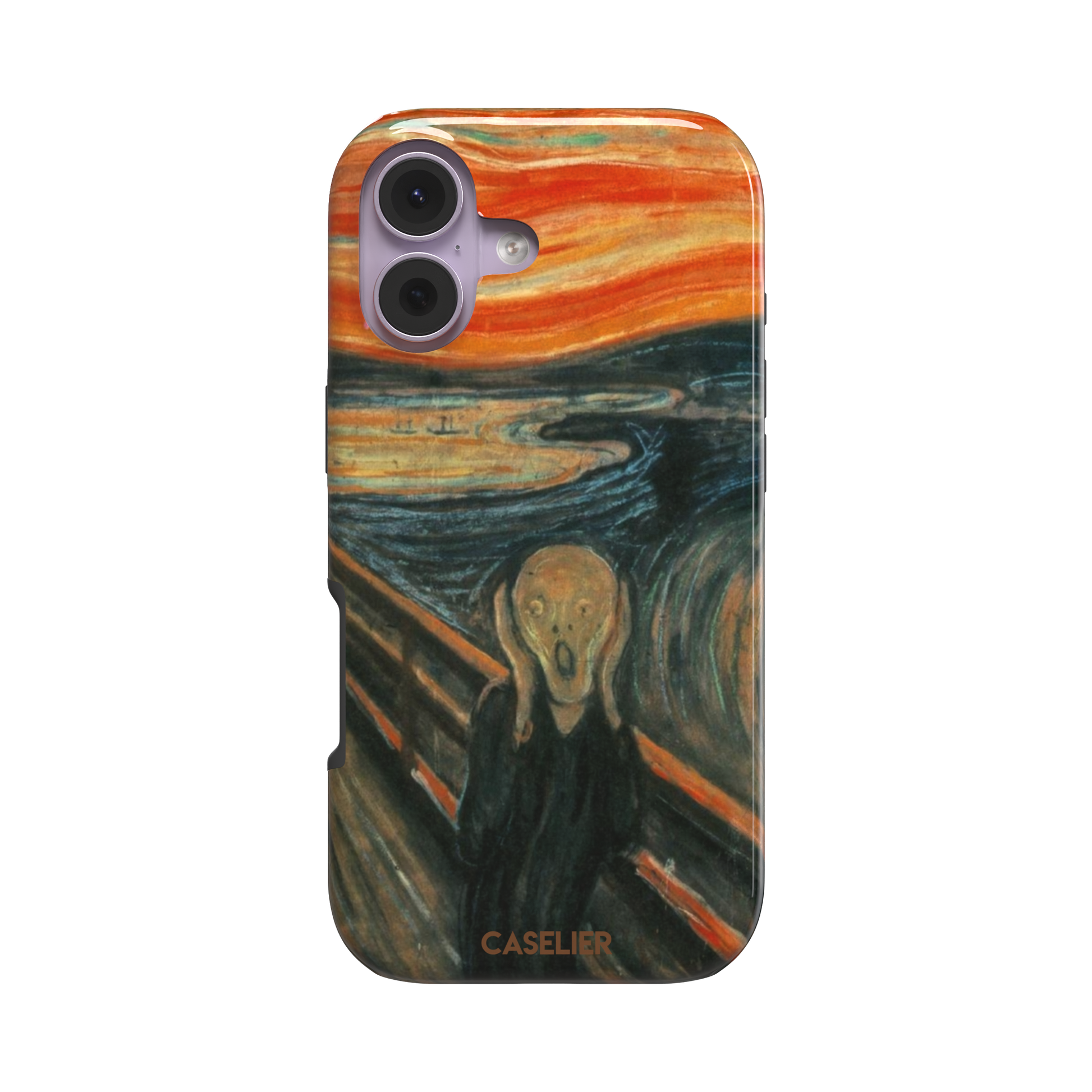 The Scream by Edvard Munch phone case showing the anguished figure on a bridge beneath a swirling orange and red sky, phone case by Caselier — tough case, front view