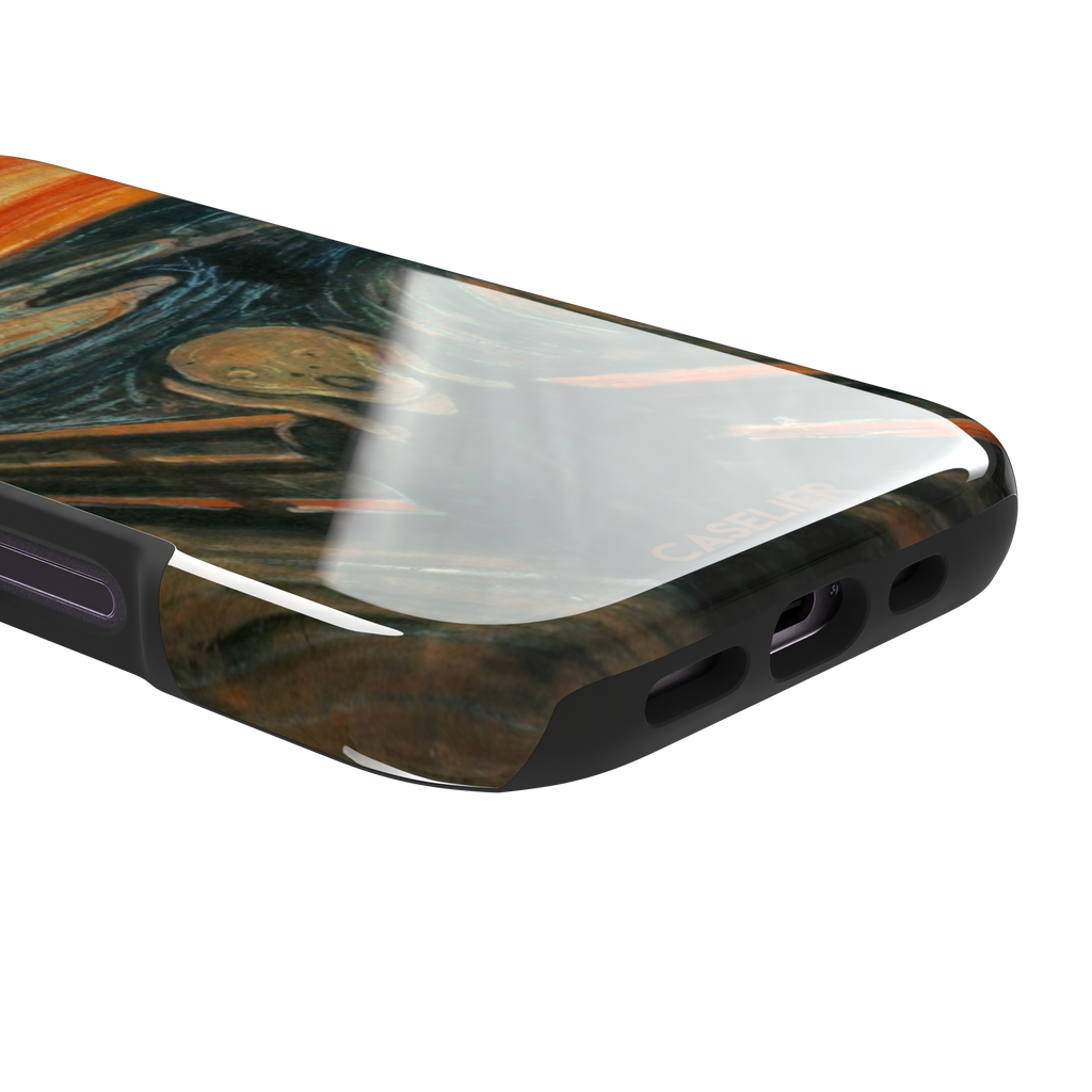 The Scream by Edvard Munch phone case showing the anguished figure on a bridge beneath a swirling orange and red sky, phone case by Caselier — tough case, charging port detail
