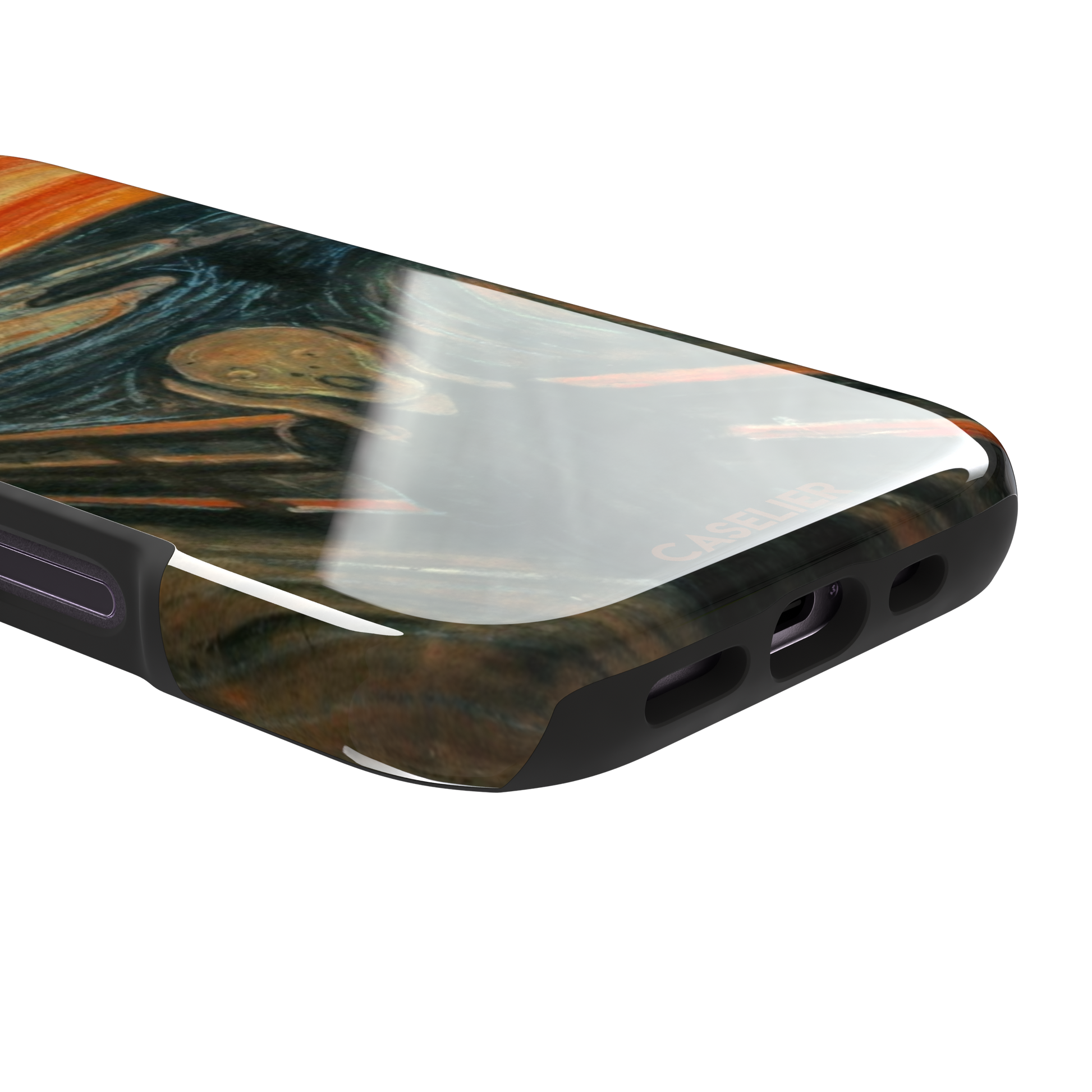 The Scream by Edvard Munch phone case showing the anguished figure on a bridge beneath a swirling orange and red sky, phone case by Caselier — tough case, charging port detail
