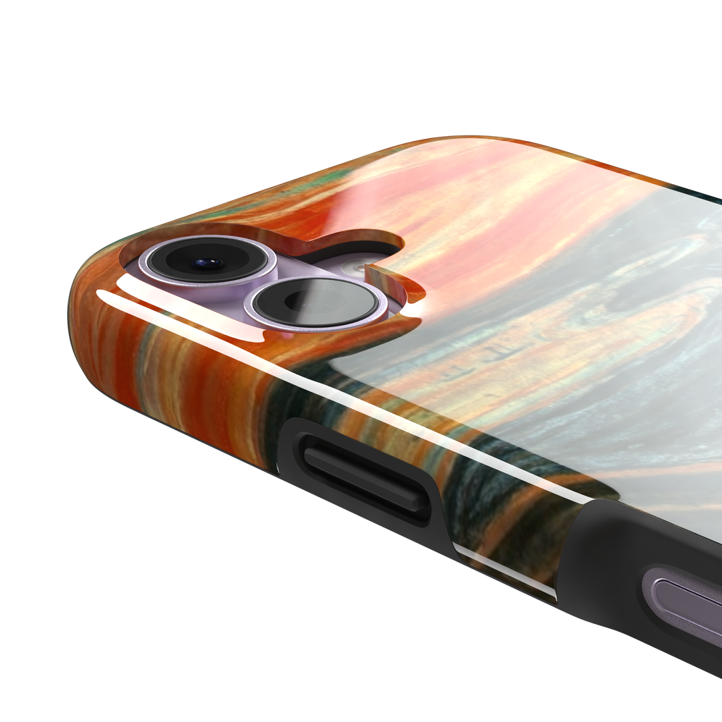 The Scream by Edvard Munch phone case showing the anguished figure on a bridge beneath a swirling orange and red sky, phone case by Caselier — tough case, volume buttons detail