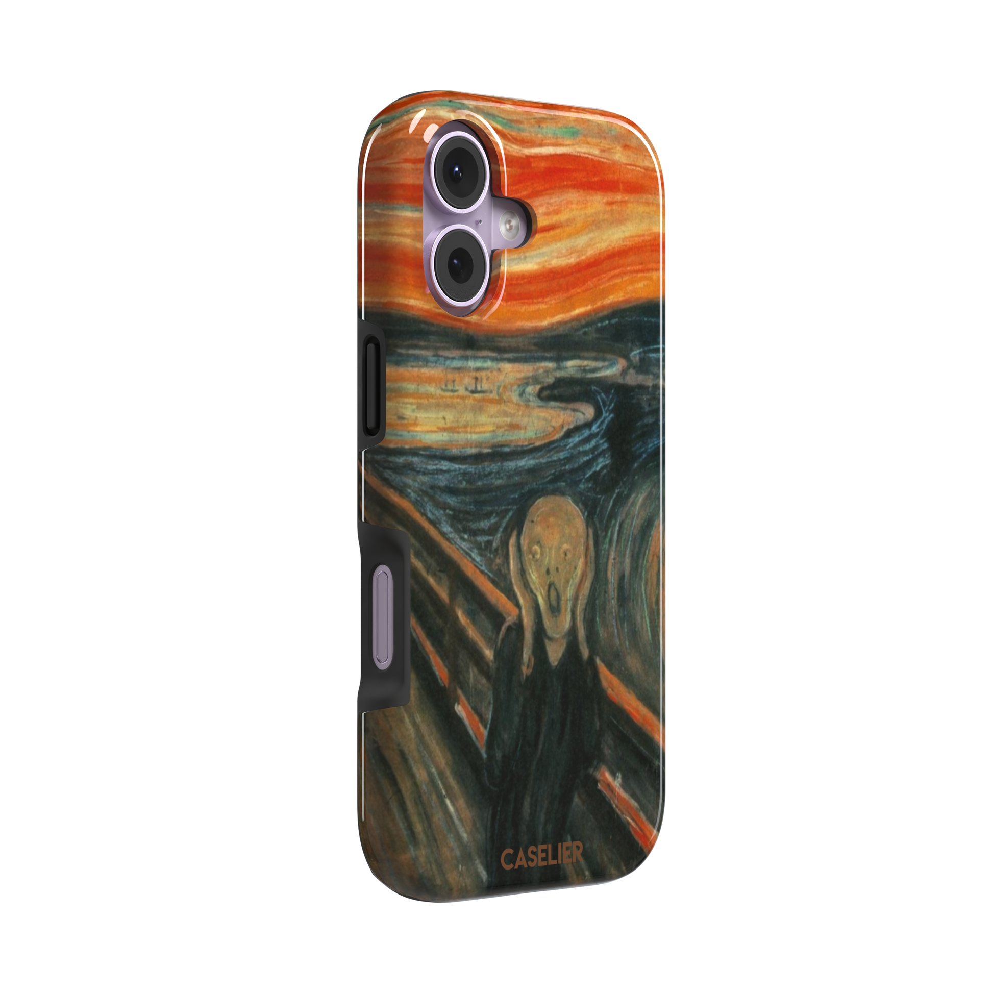 The Scream by Edvard Munch phone case showing the anguished figure on a bridge beneath a swirling orange and red sky, phone case by Caselier — tough case, left view