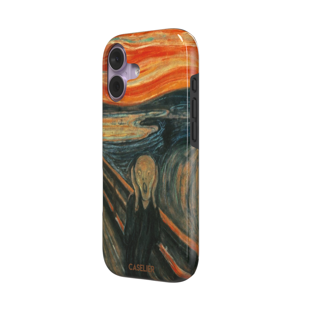 The Scream by Edvard Munch phone case showing the anguished figure on a bridge beneath a swirling orange and red sky, phone case by Caselier — tough case, right view