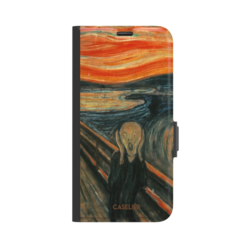 The Scream by Edvard Munch phone case showing the anguished figure on a bridge beneath a swirling orange and red sky, phone case by Caselier — wallet case, front view