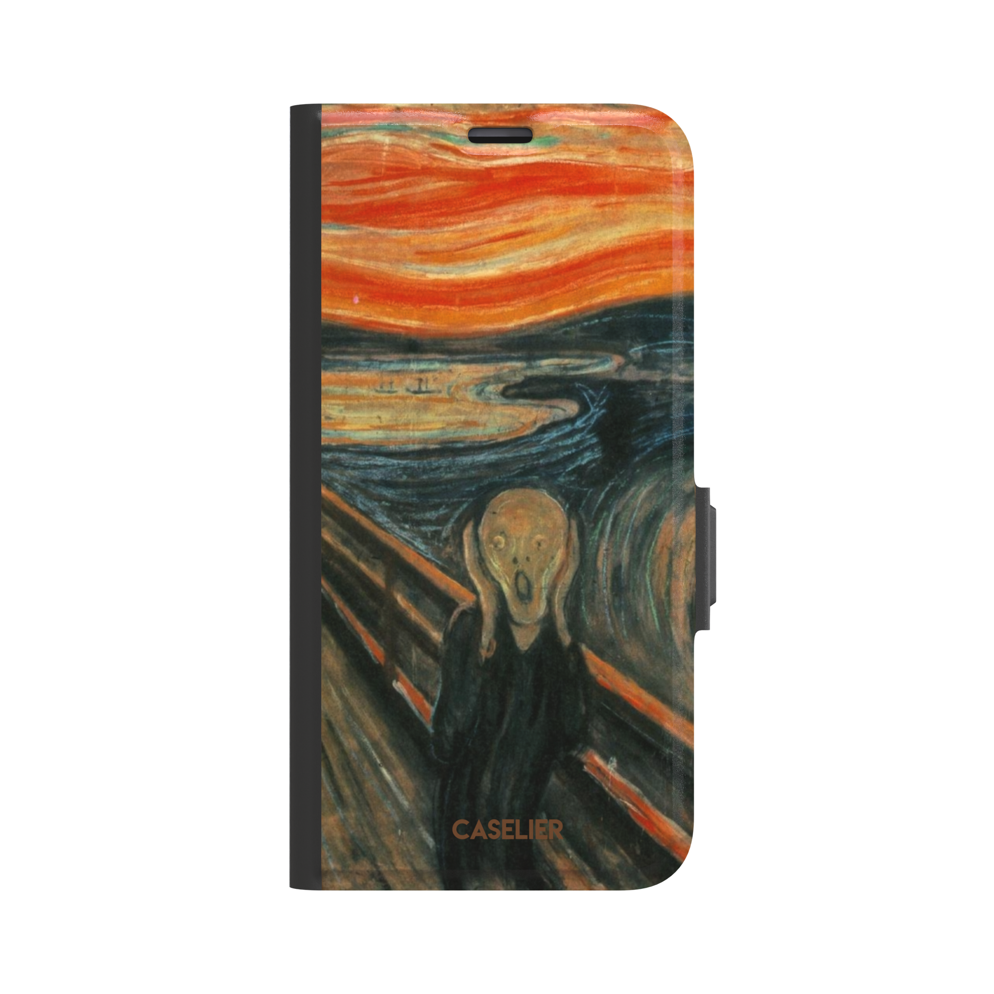 The Scream by Edvard Munch phone case showing the anguished figure on a bridge beneath a swirling orange and red sky, phone case by Caselier — wallet case, front view